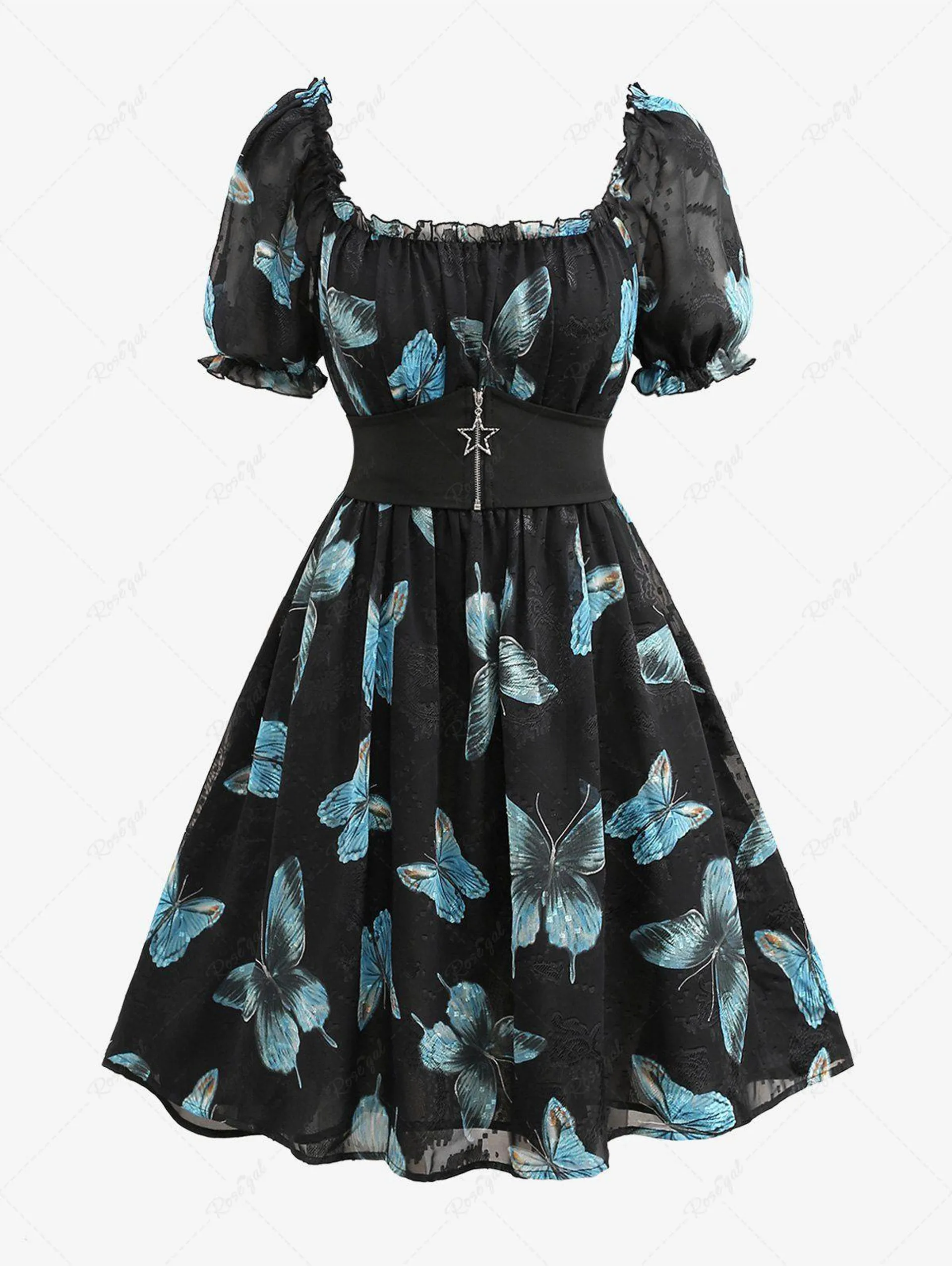 Plus Size Butterfly Print Ruffles Ruched Pentagram Zipper Dress - 3x | Us 22-24