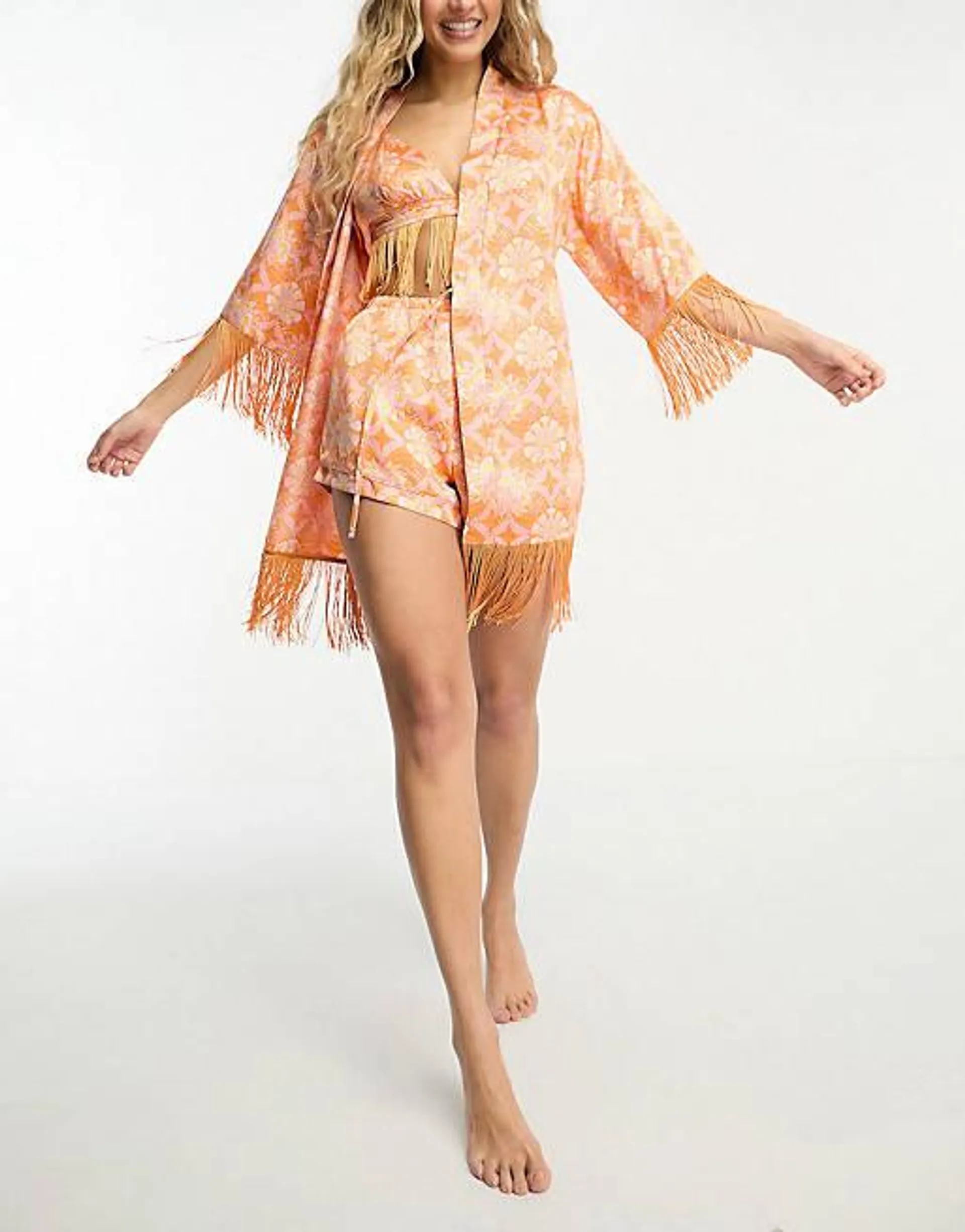 Loungeable satin bralet pyjama set & robe with tassels in orange paisley print