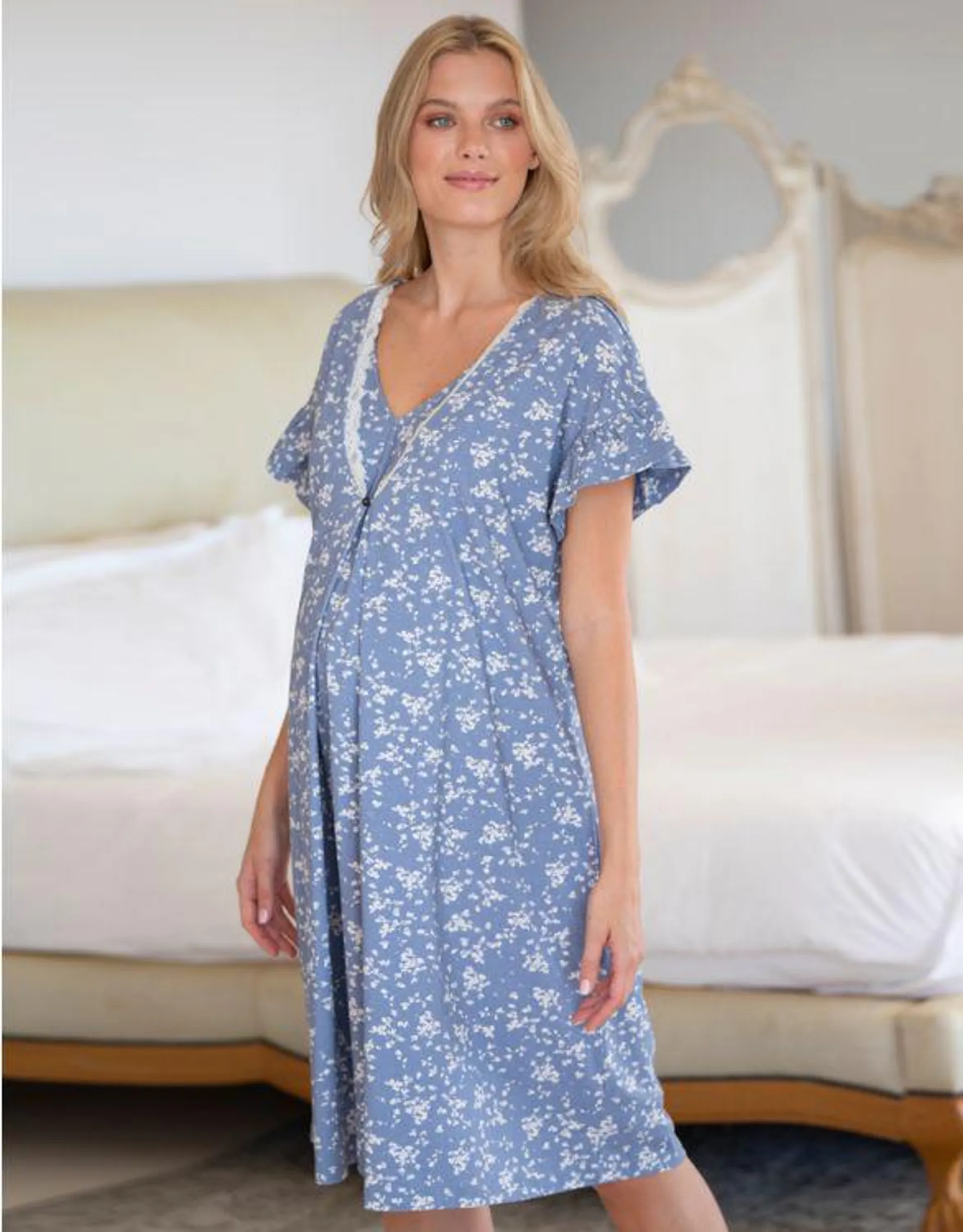 Blue Floral Cotton Maternity & Nursing Night Dress