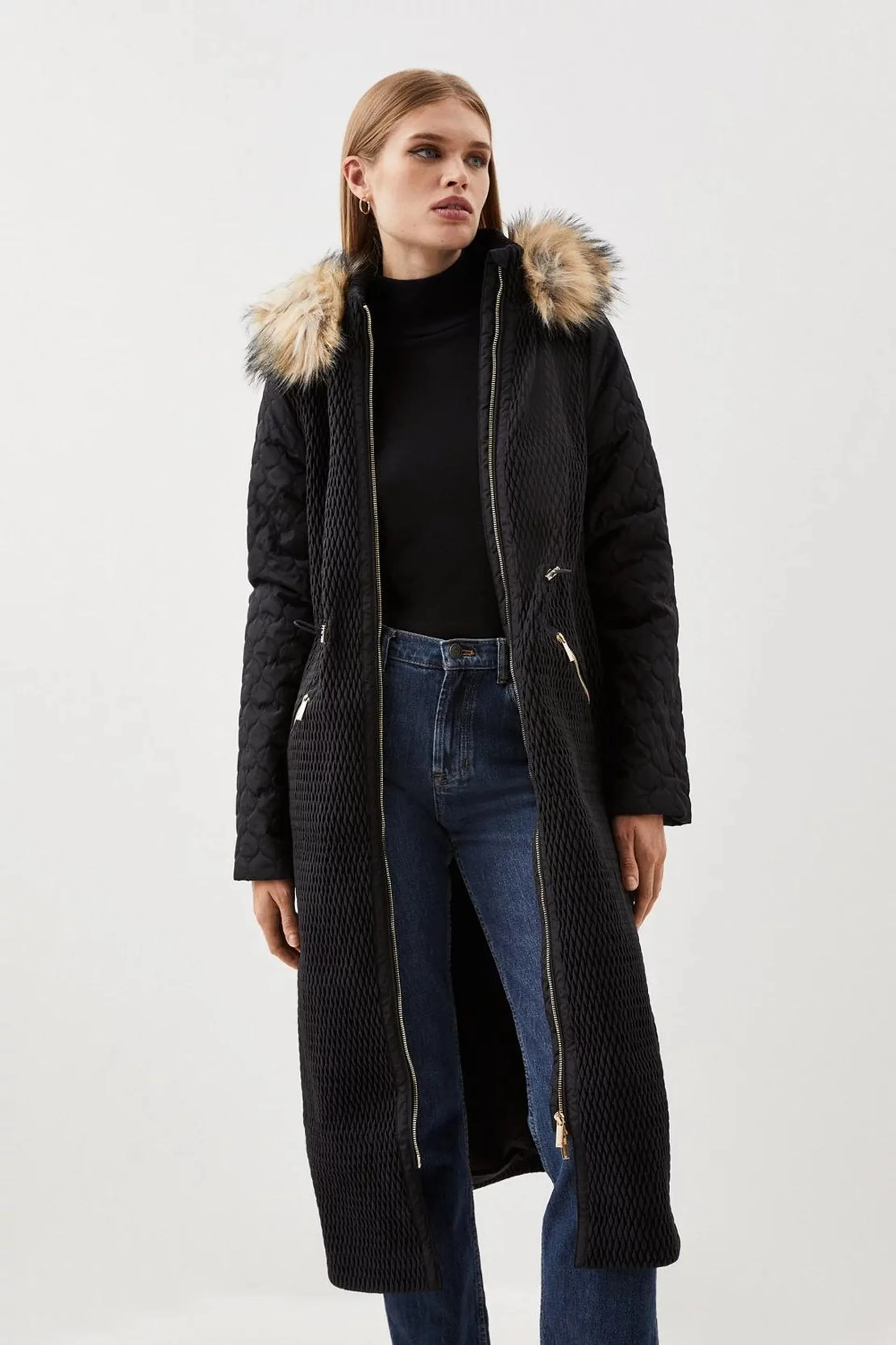 Signature Quilt Faux Fur Hood Longline Coat