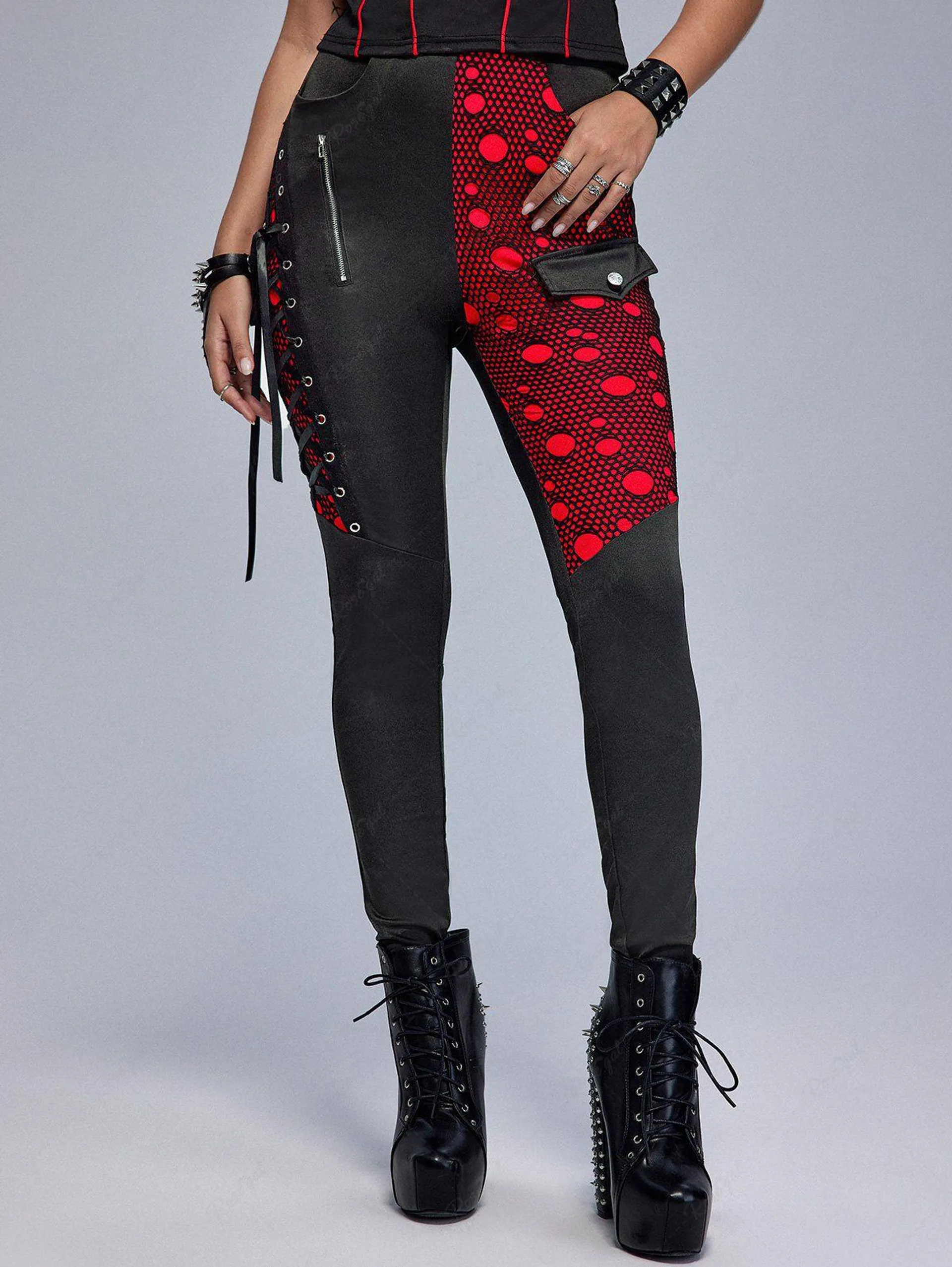 Gothic Colorblock Mesh Overlay Lace-up Zippered Skinny Pants - 3x | Us 22-24