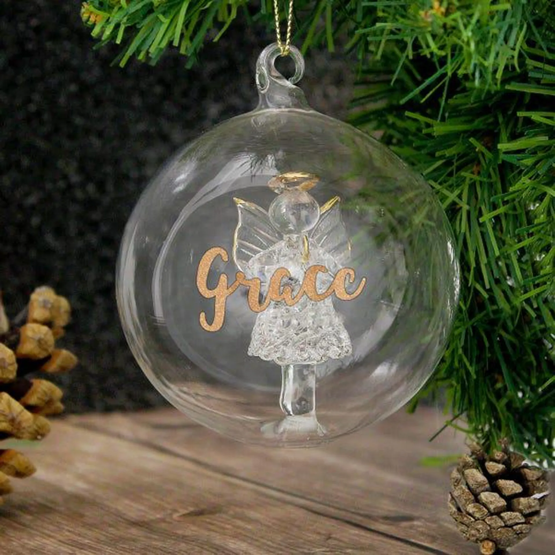 Personalised Name Angel Glass Bauble Gold