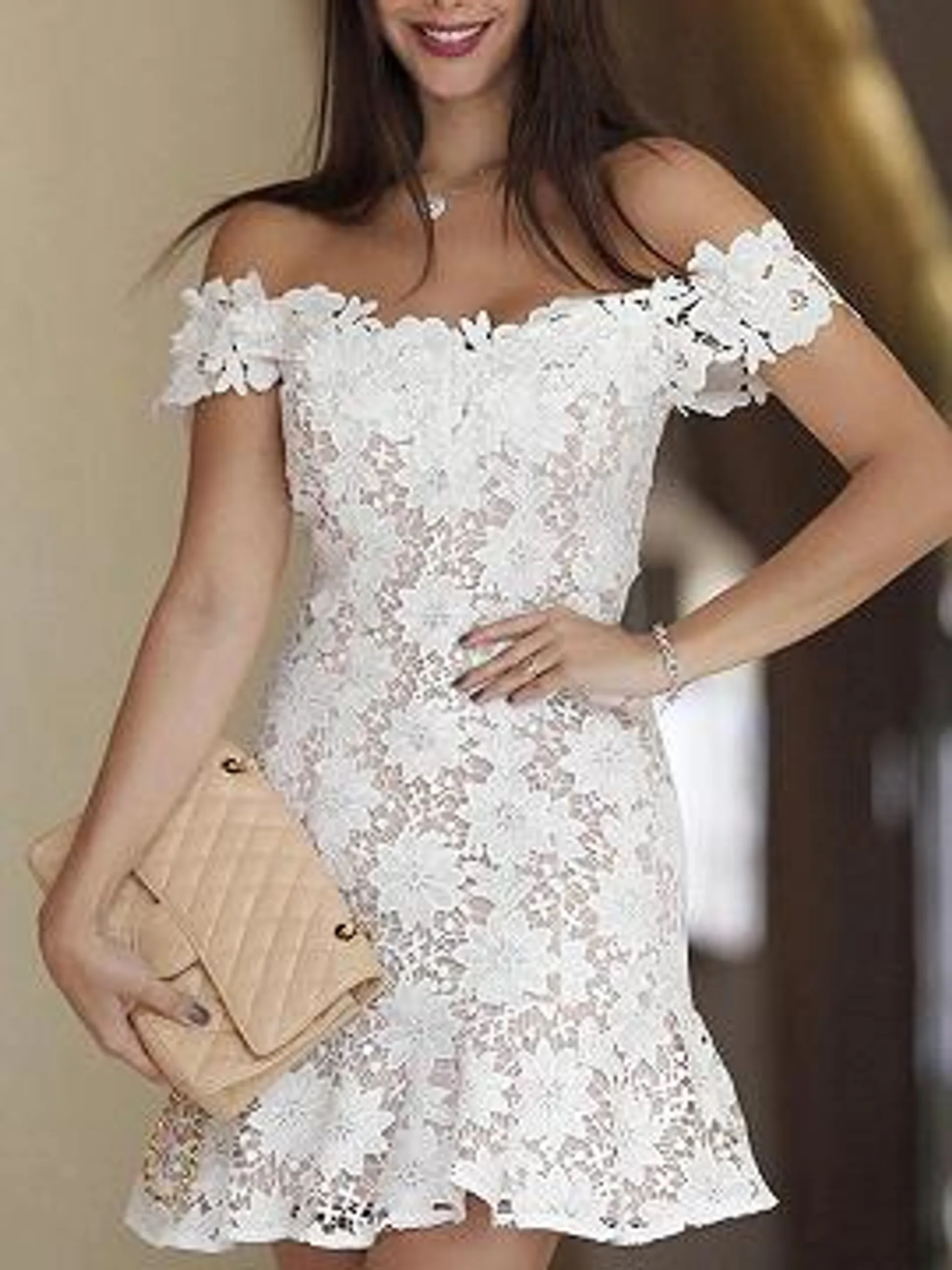 White Off Shoulder Ruffle Trim Lace Mini Dress