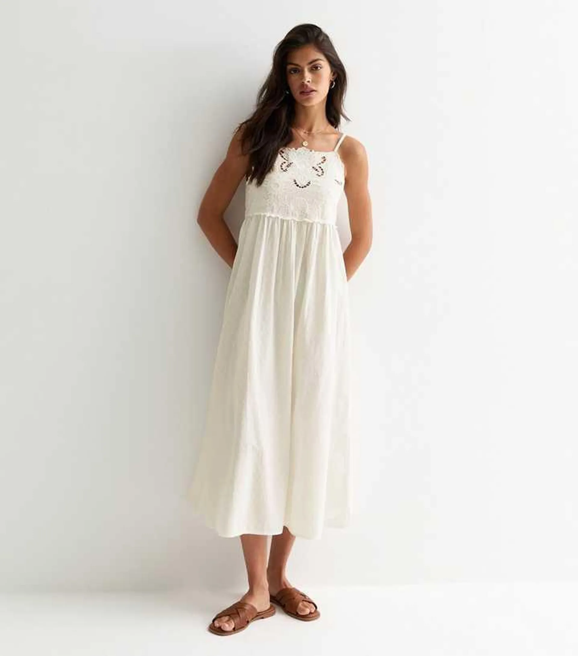 Off White Embroidered Cotton Midi Dress