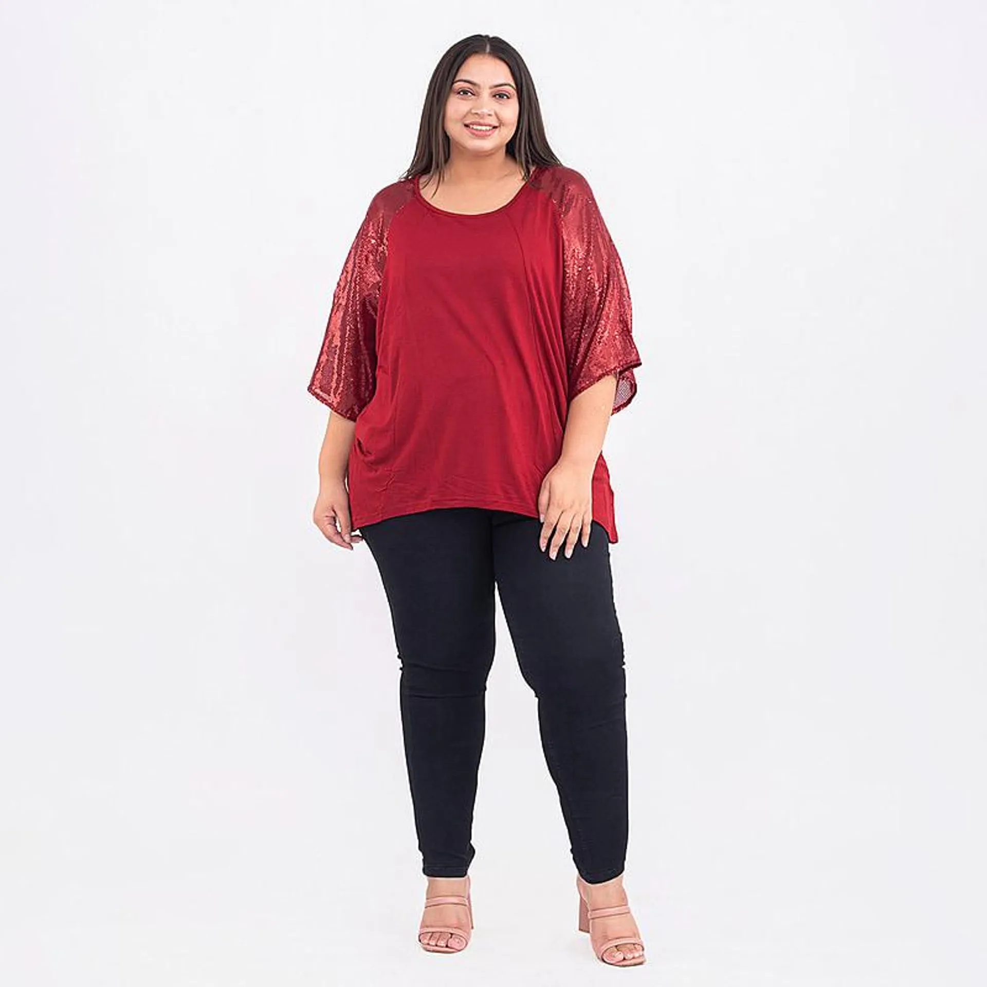 TAMSY Batwing Jersey Top with Scoop Neck and Sequin Sleeves - Maroon