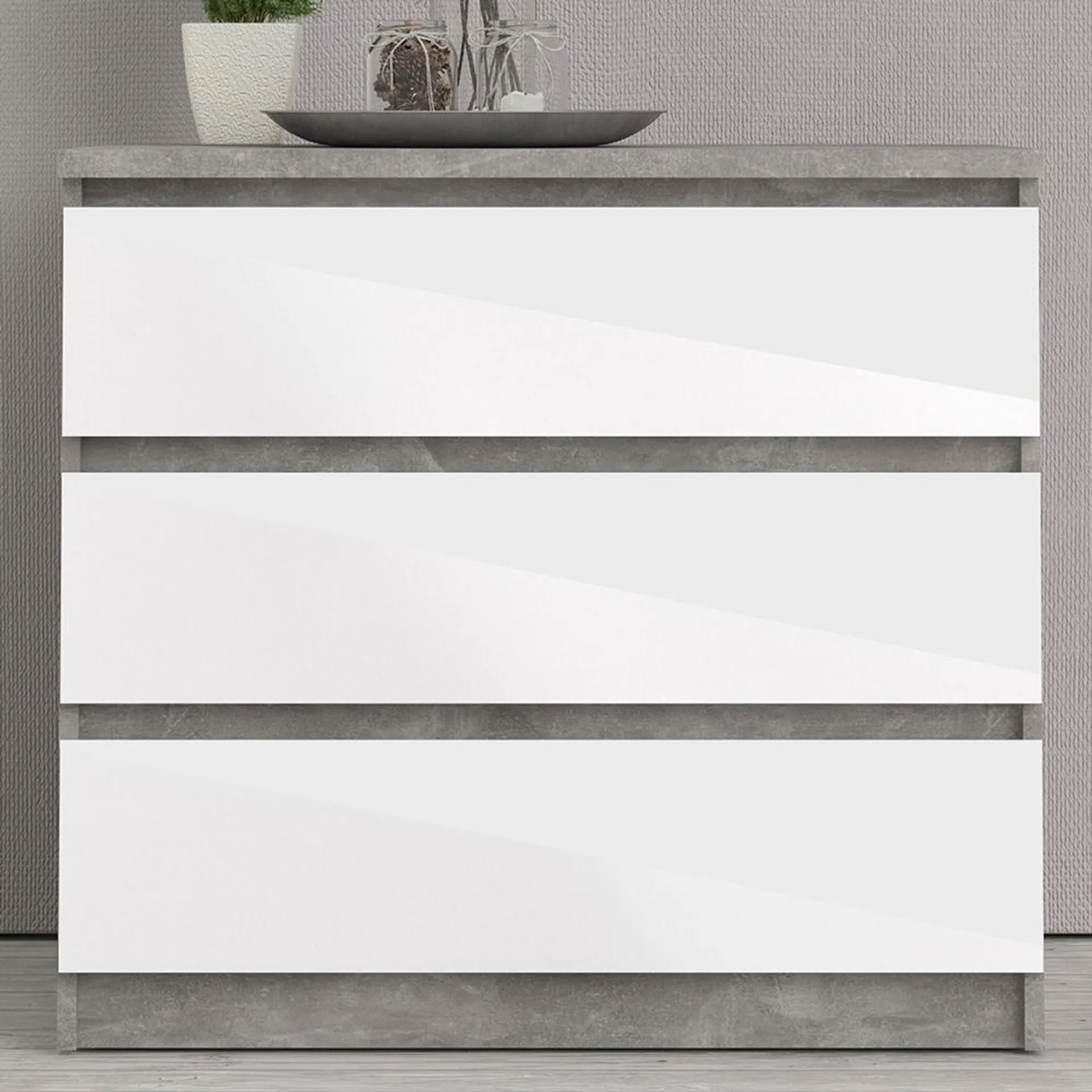 Florence 3 Drawer Concrete and White High Gloss Chest of Drawers