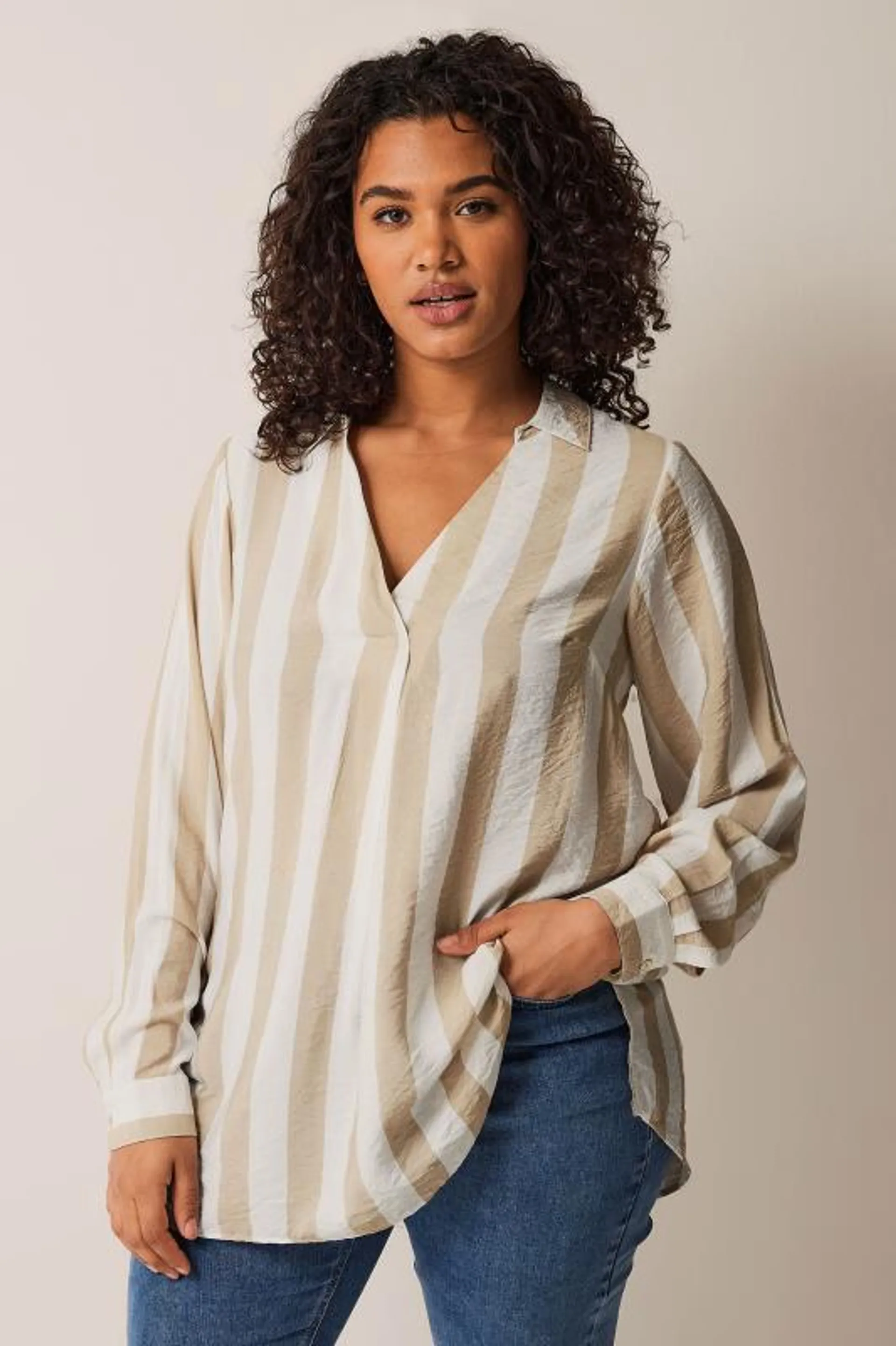 EVANS Curve Natural Brown & White Striped Notch Neck Blouse