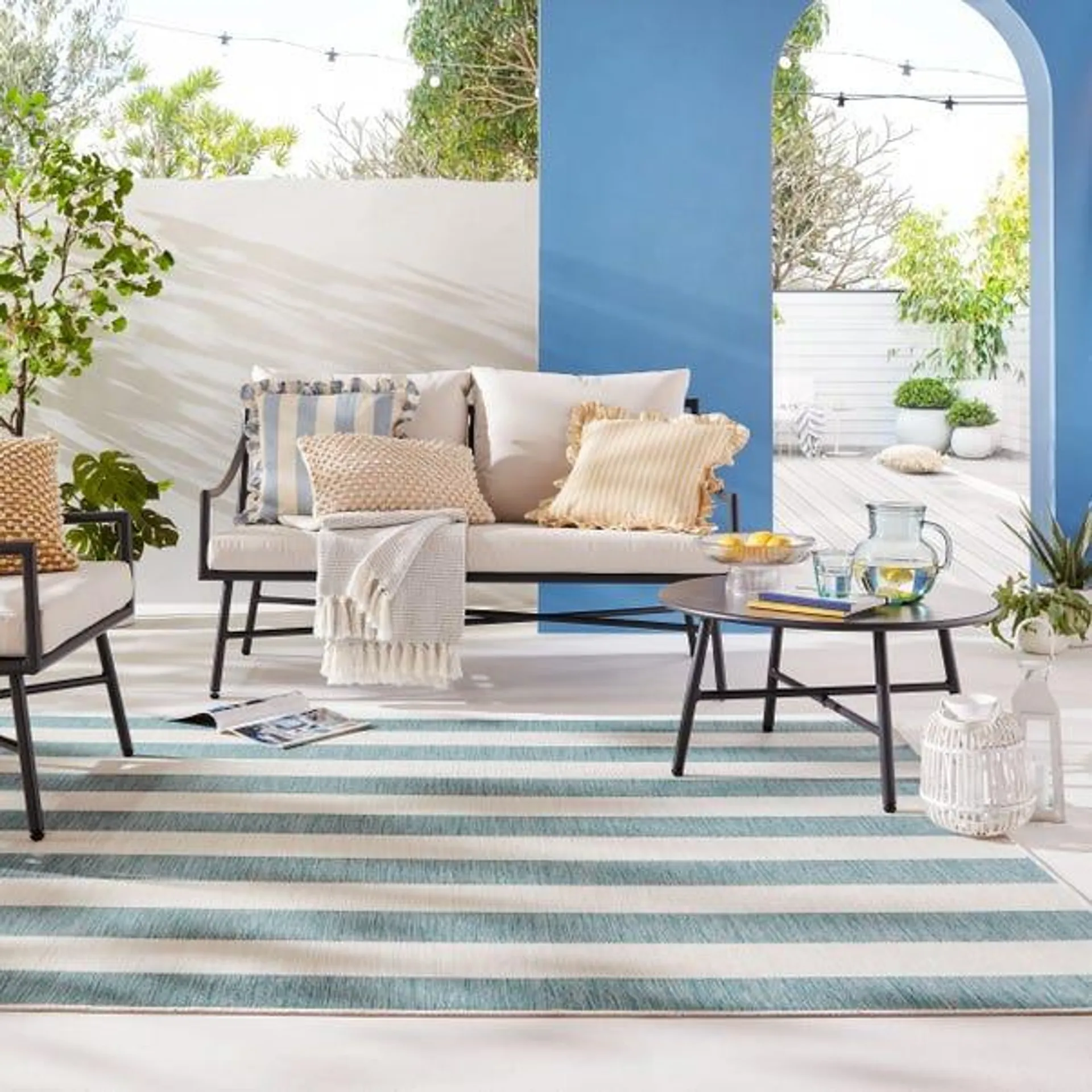 Striped Reversible indoor Outdoor Blue & Yellow Rug