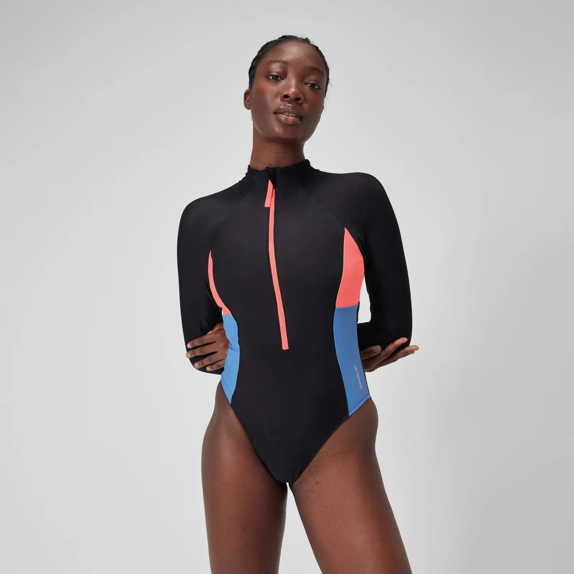 Women's Long Sleeve Zip Colourblock Swimsuit Dark Grey