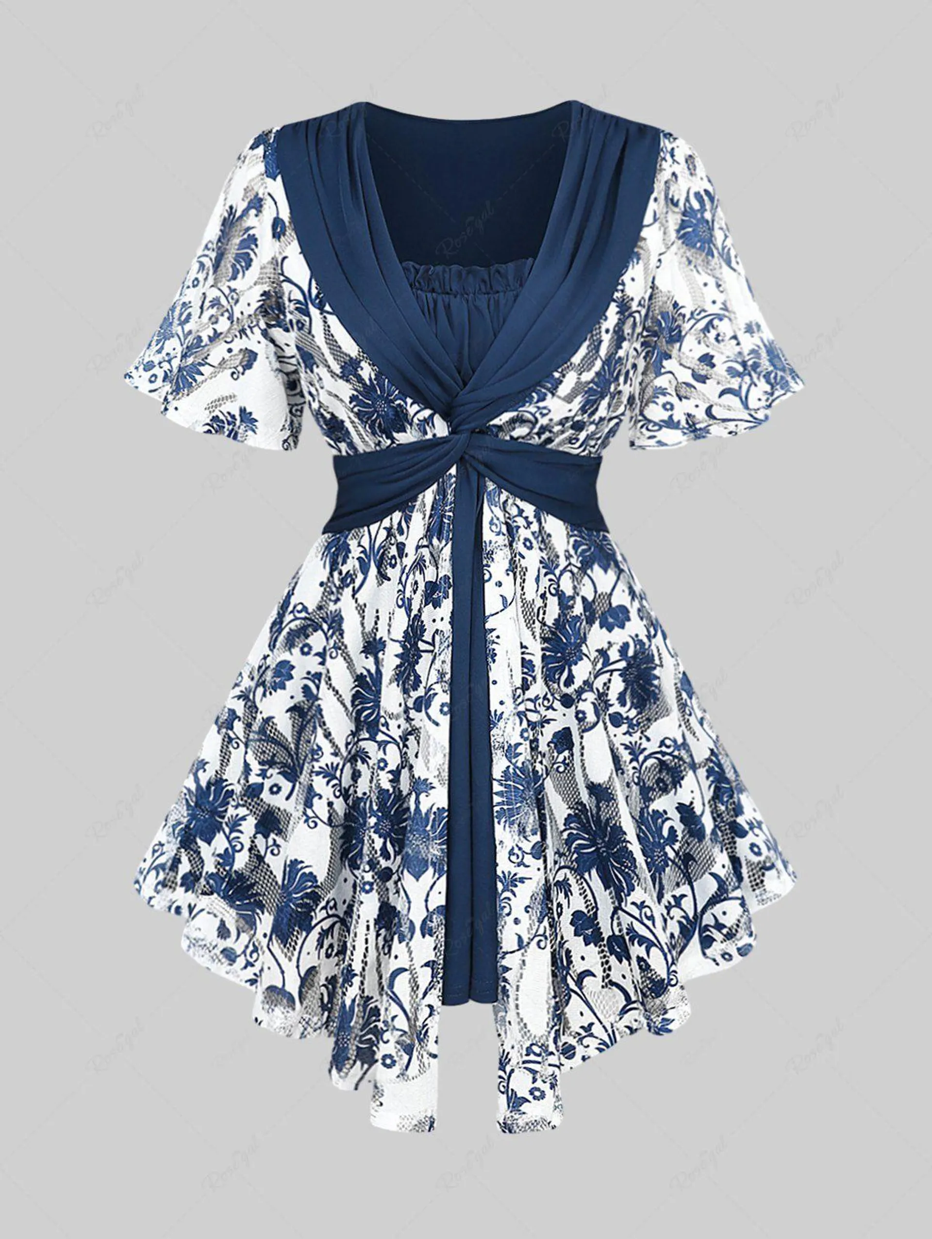 Plus Size Crochet Blue And White Porcelain Floral Print Pleated Twist Ruched 2 In 1 Top - 1x | Us 14-16