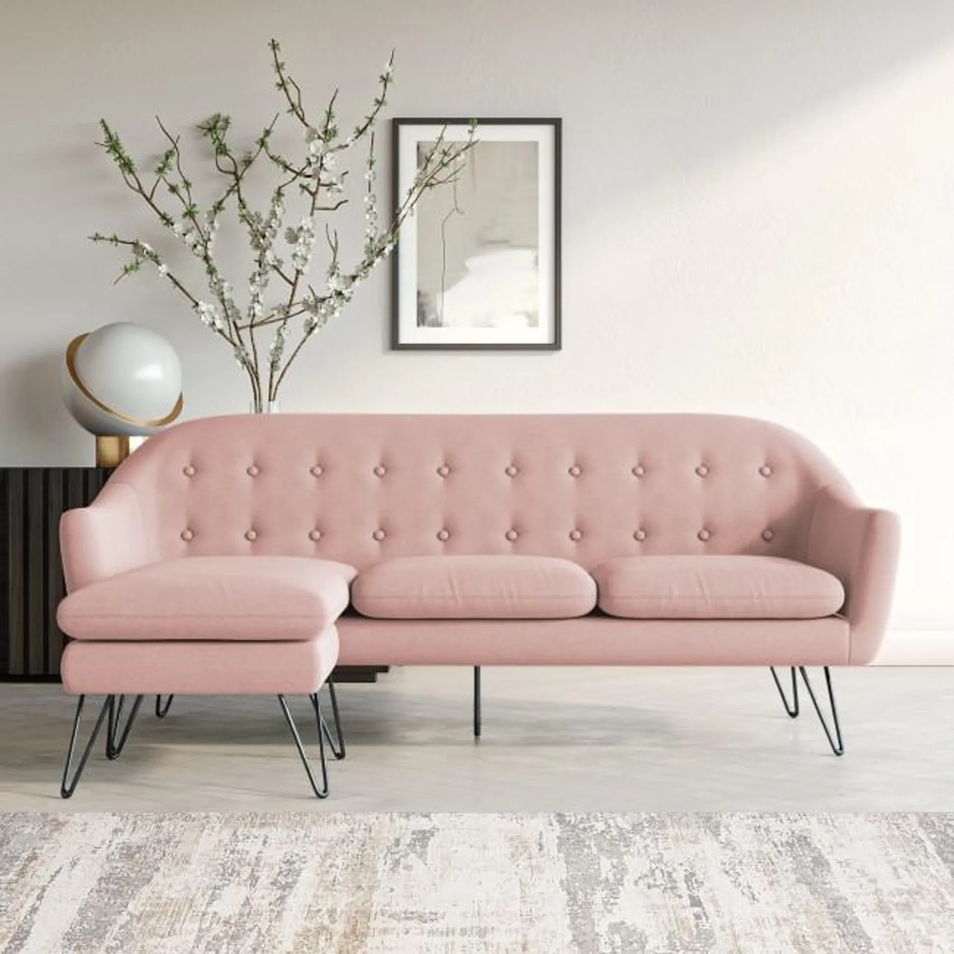 3 Seater Dual Sided L Shaped Sofa in Sage Pink Woven Fabric - Rylee