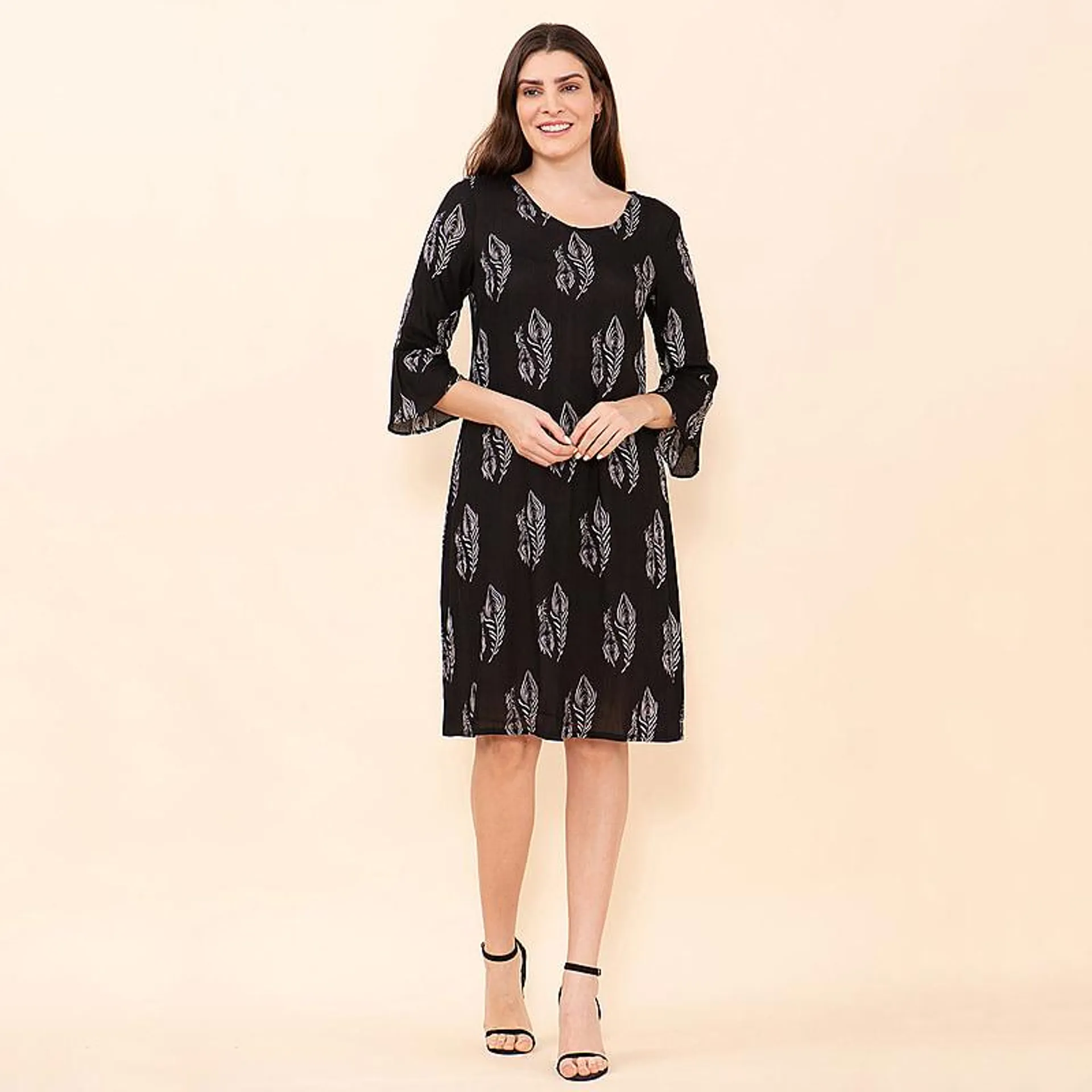 TAMSY Peacock Pattern Women's Midi Dress - Black and white