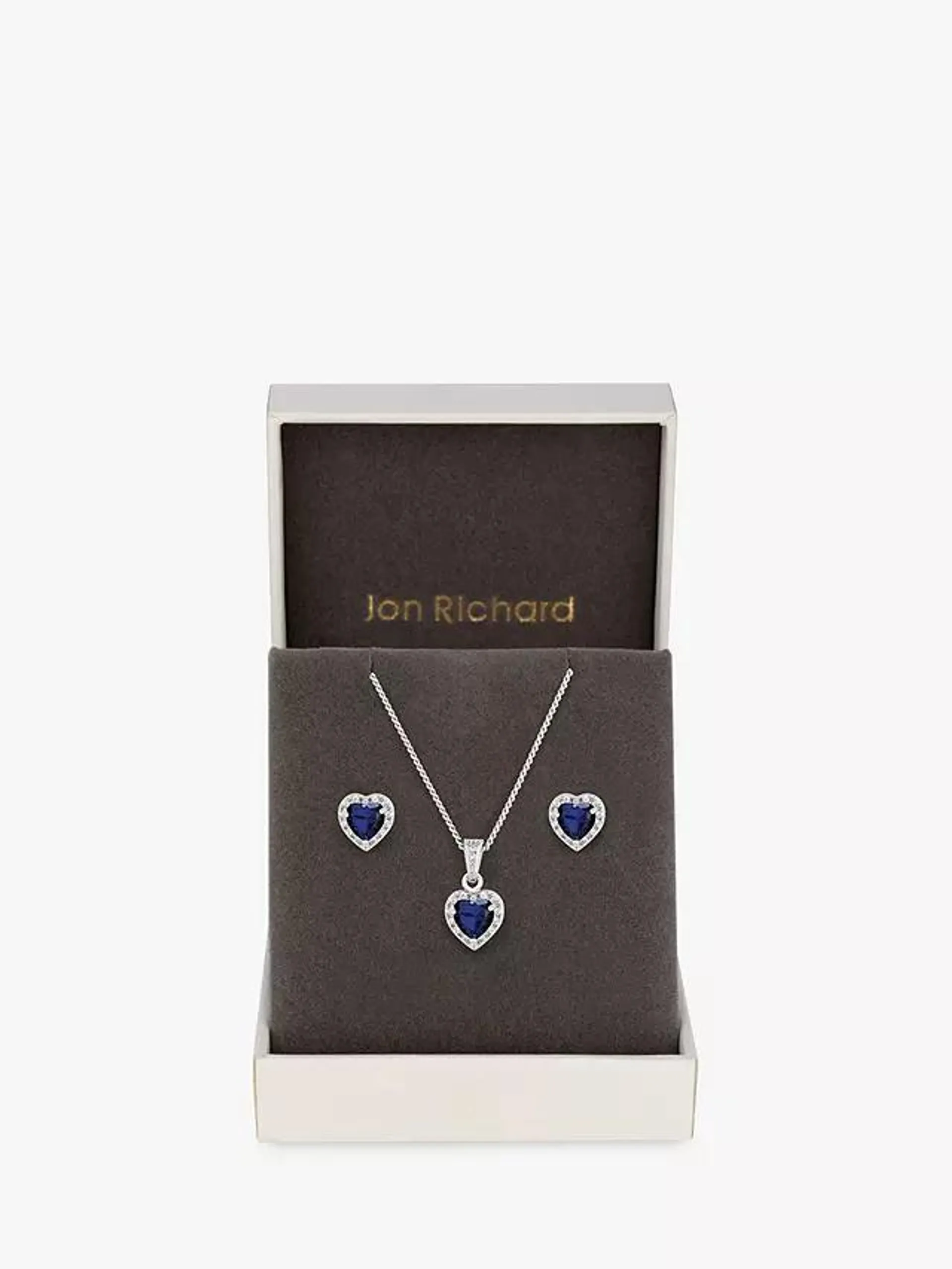 Jon Richard Cubic Zirconia Heart Pendant Necklace and Stud Earrings Jewellery Set, Silver/Blue