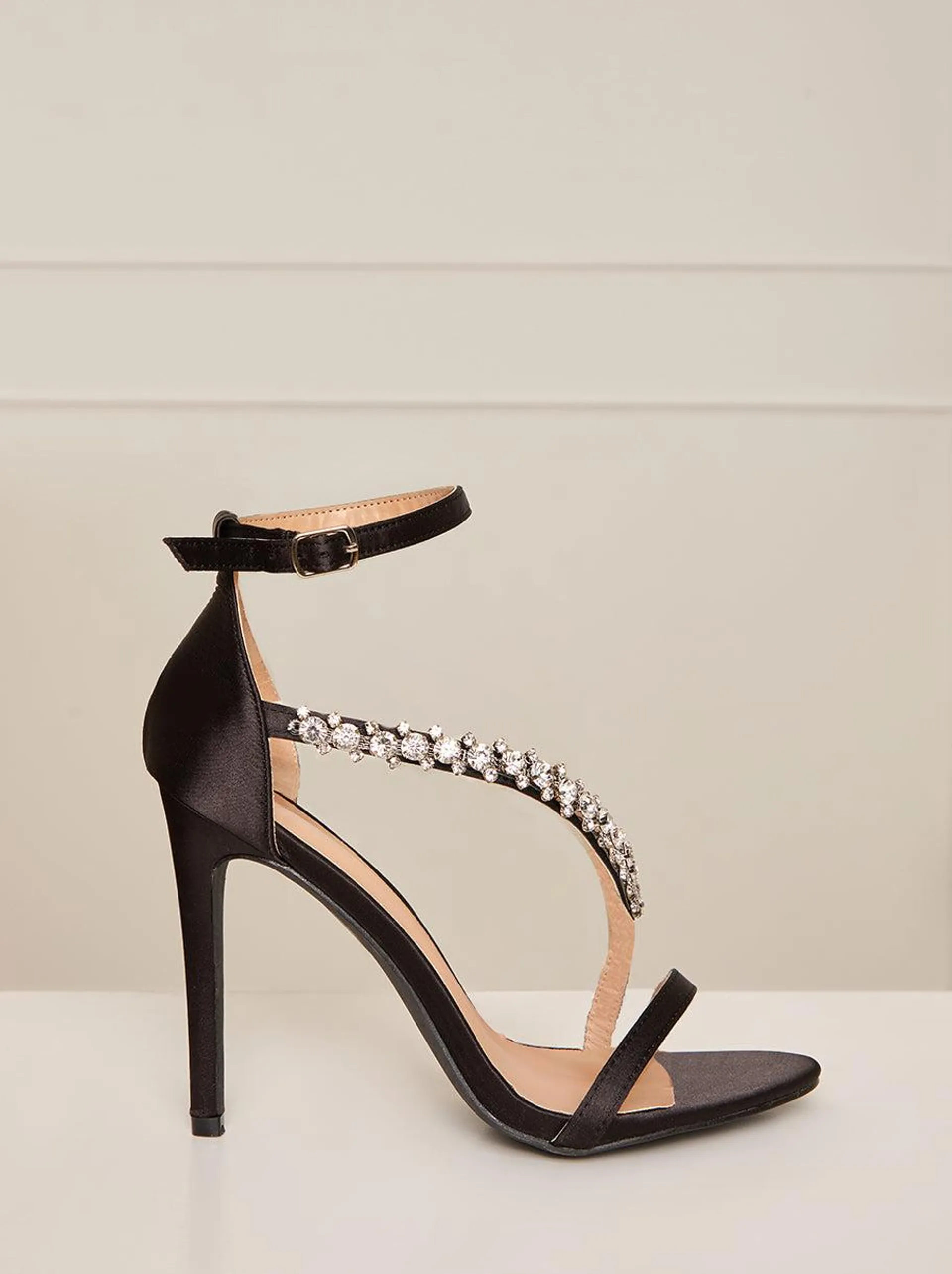 High Heel Diamante Strap Sandals in Black