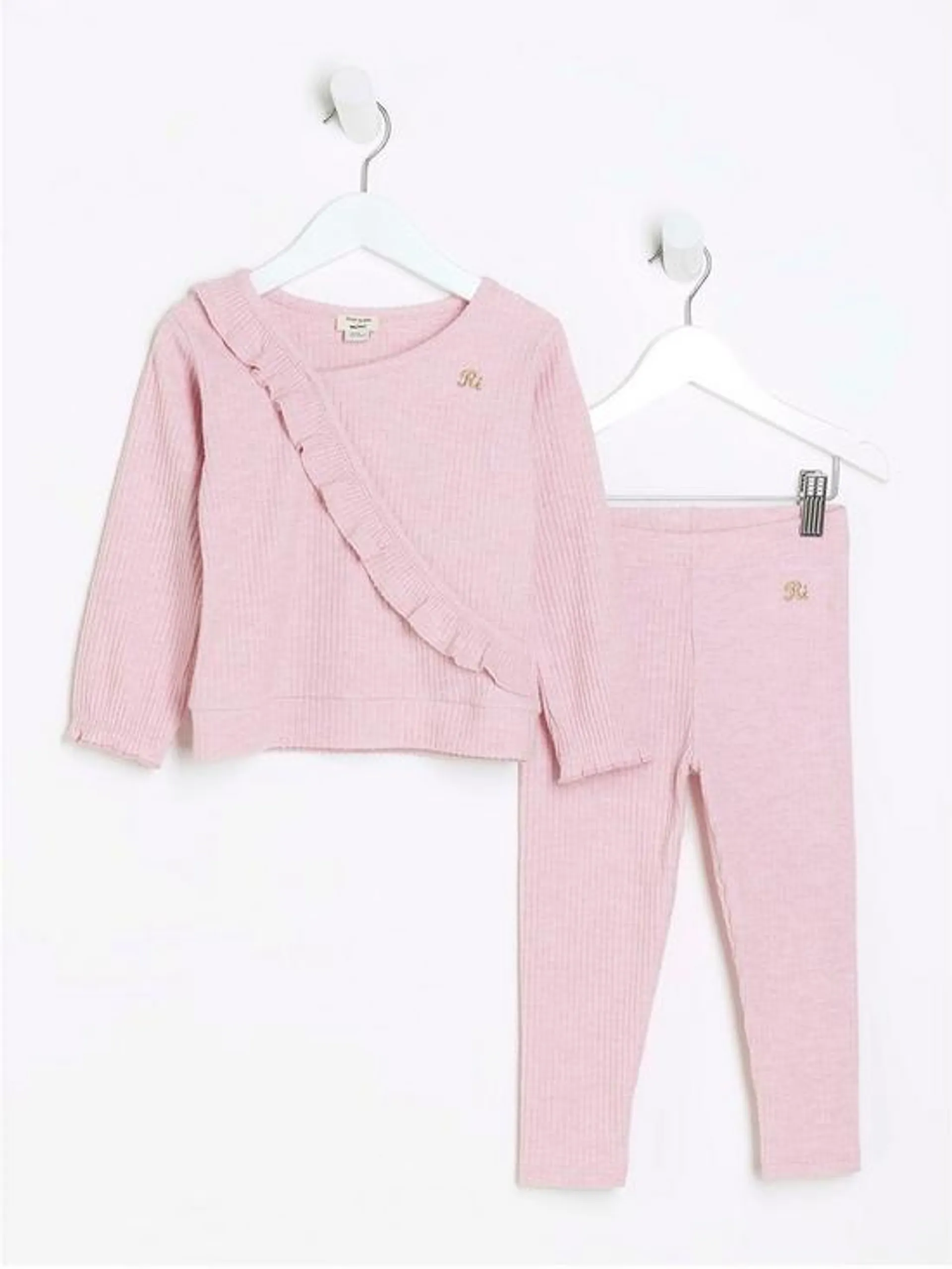 River Island Mini Mini Girl Rib Frill Sweatshirt Set - Pink
