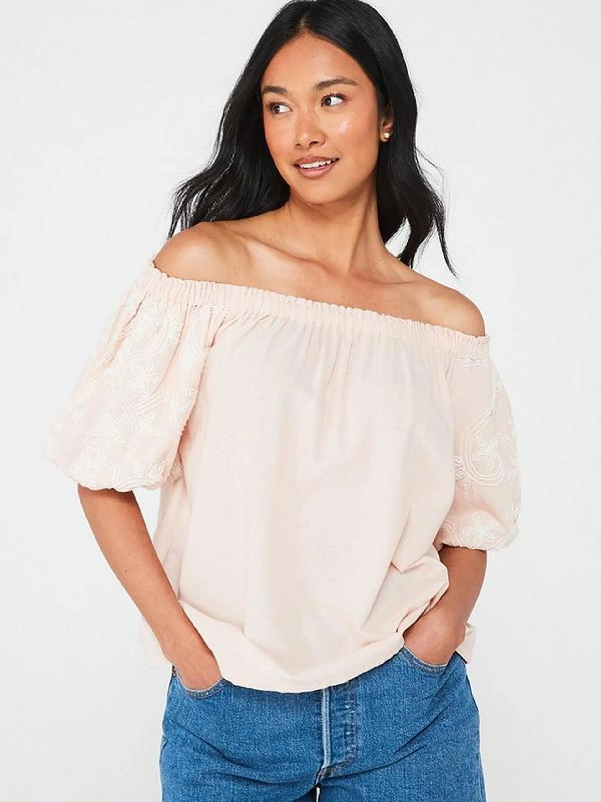 Embroidery Bardot Top - Pink