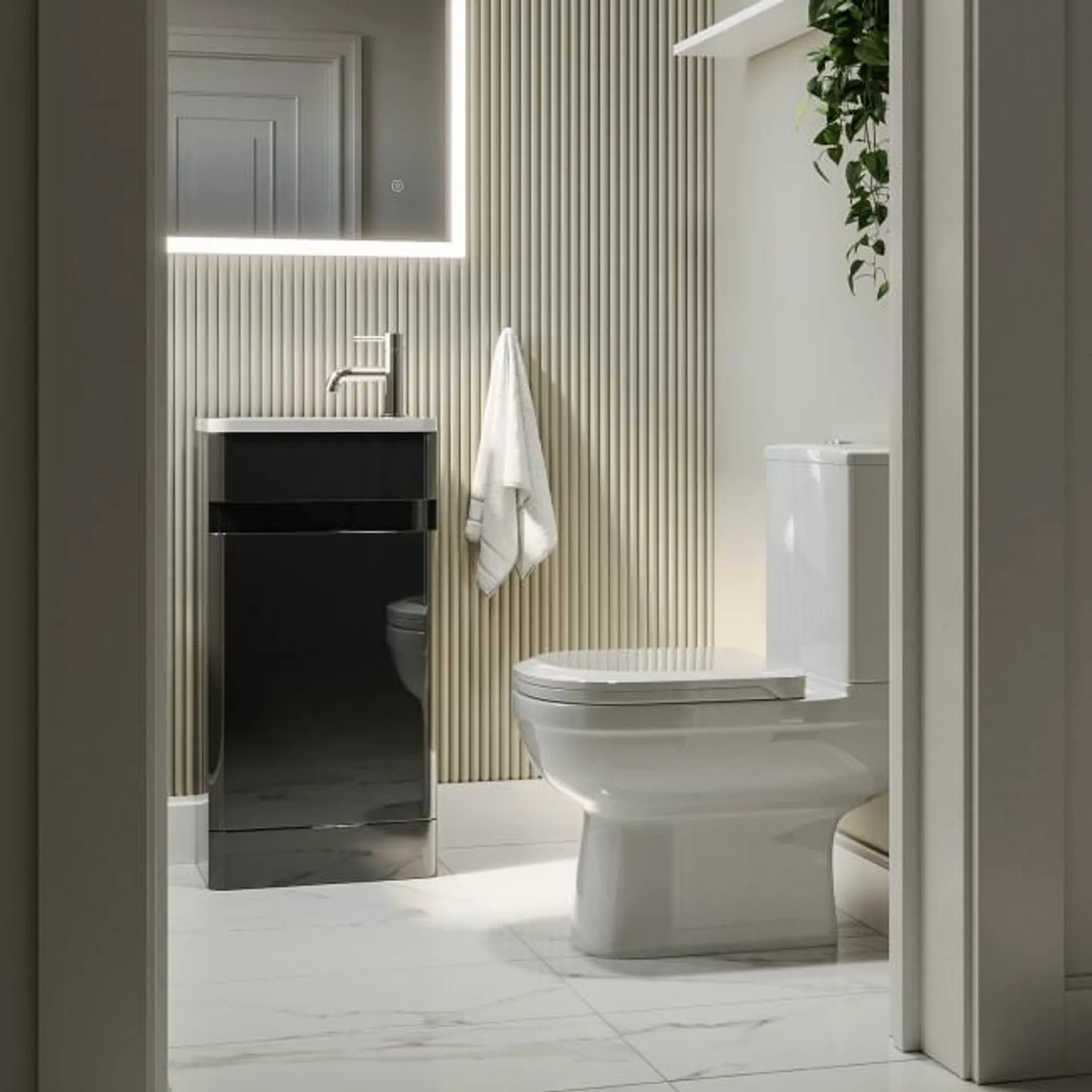 Close Coupled Toilet and Dark Grey Gloss Basin Vanity Unit Cloakroom Suite - Pendle