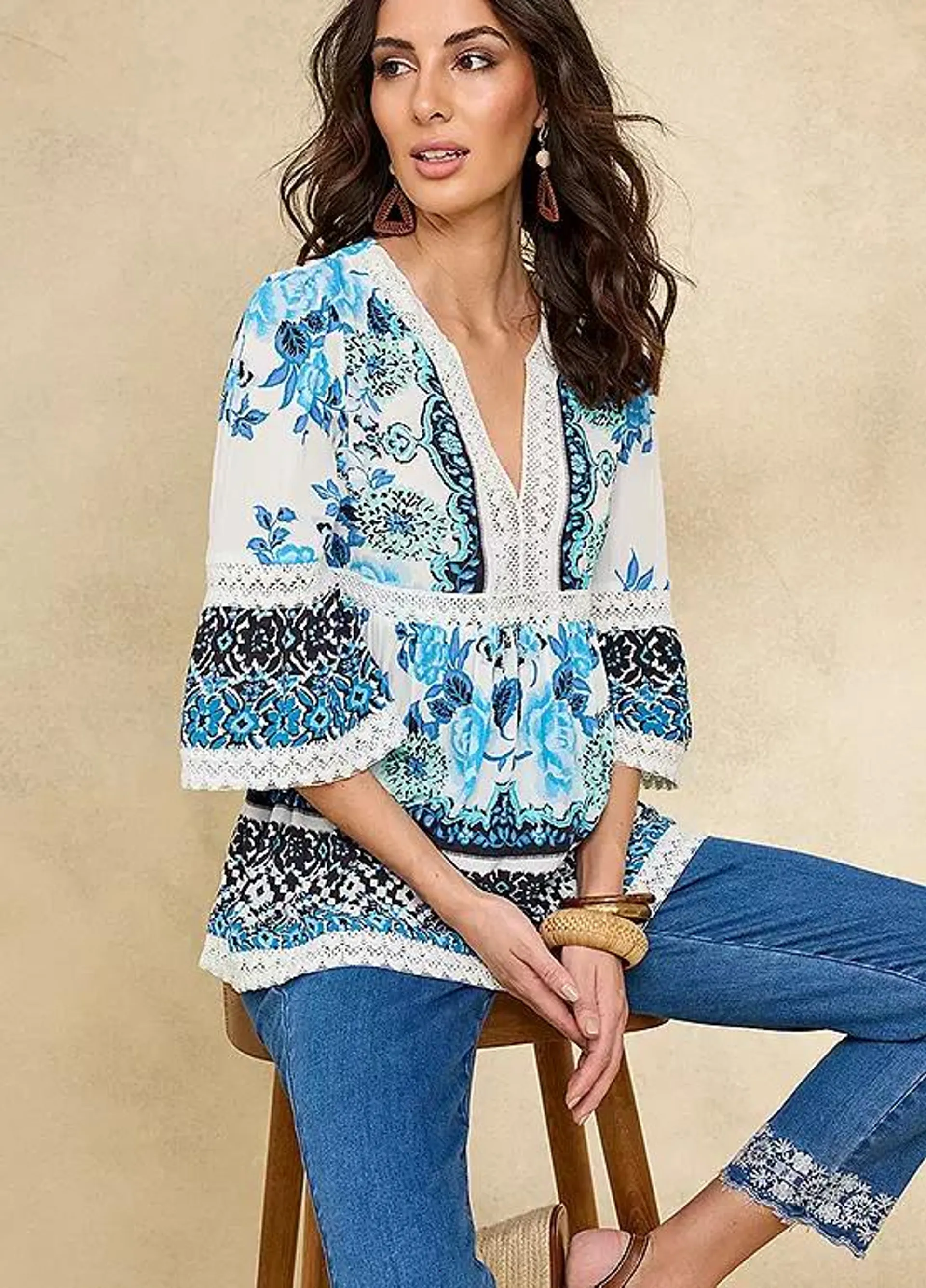 Together Blue Floral Border Print Blouse