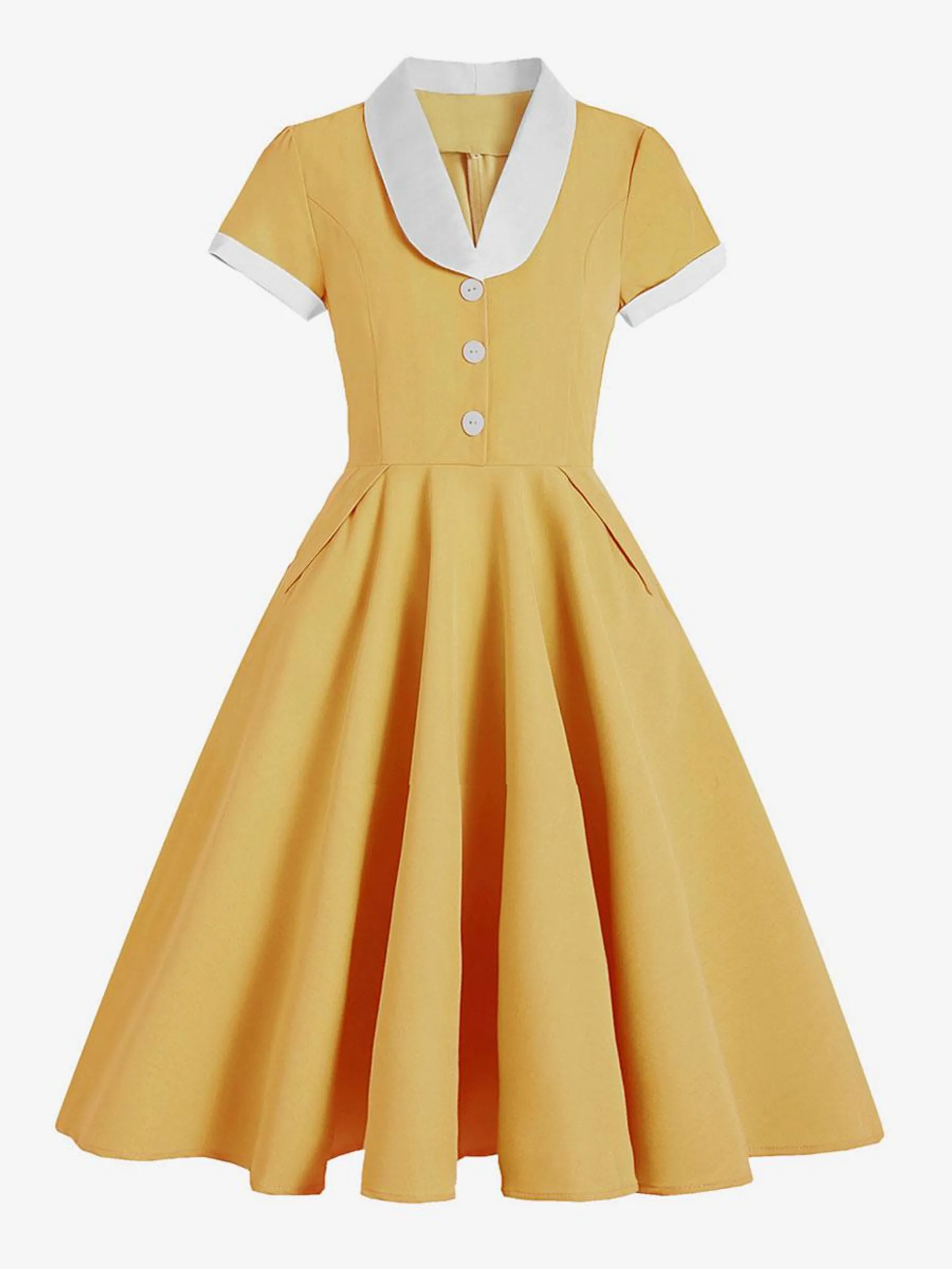 Retro Dress 1950s Audrey Hepburn Style Turndown Collar Pleated Short Sleeves Color Block Medium Light Sky Blue Swing Dress