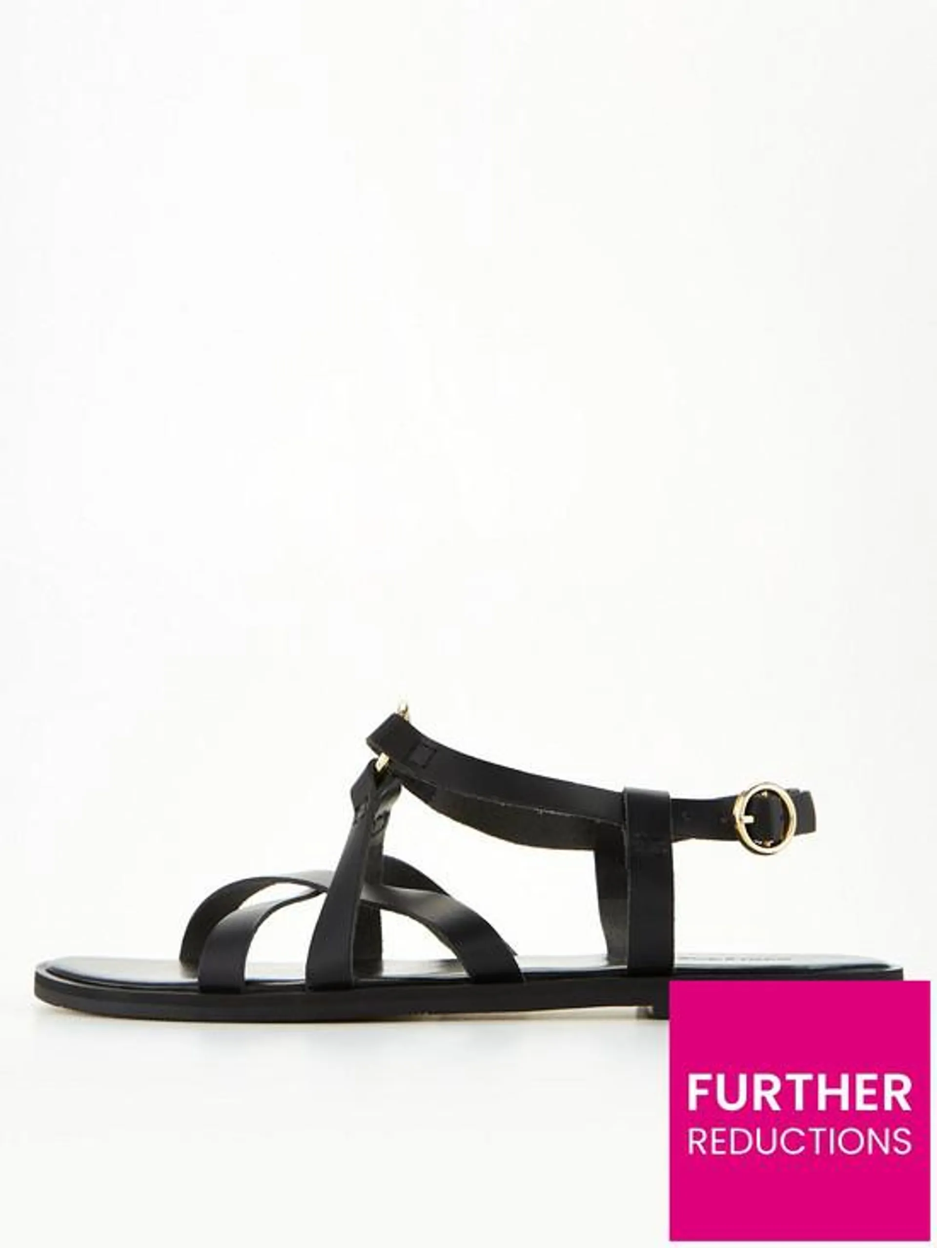 Leather Strappy Sandal with Metal Ring - Black