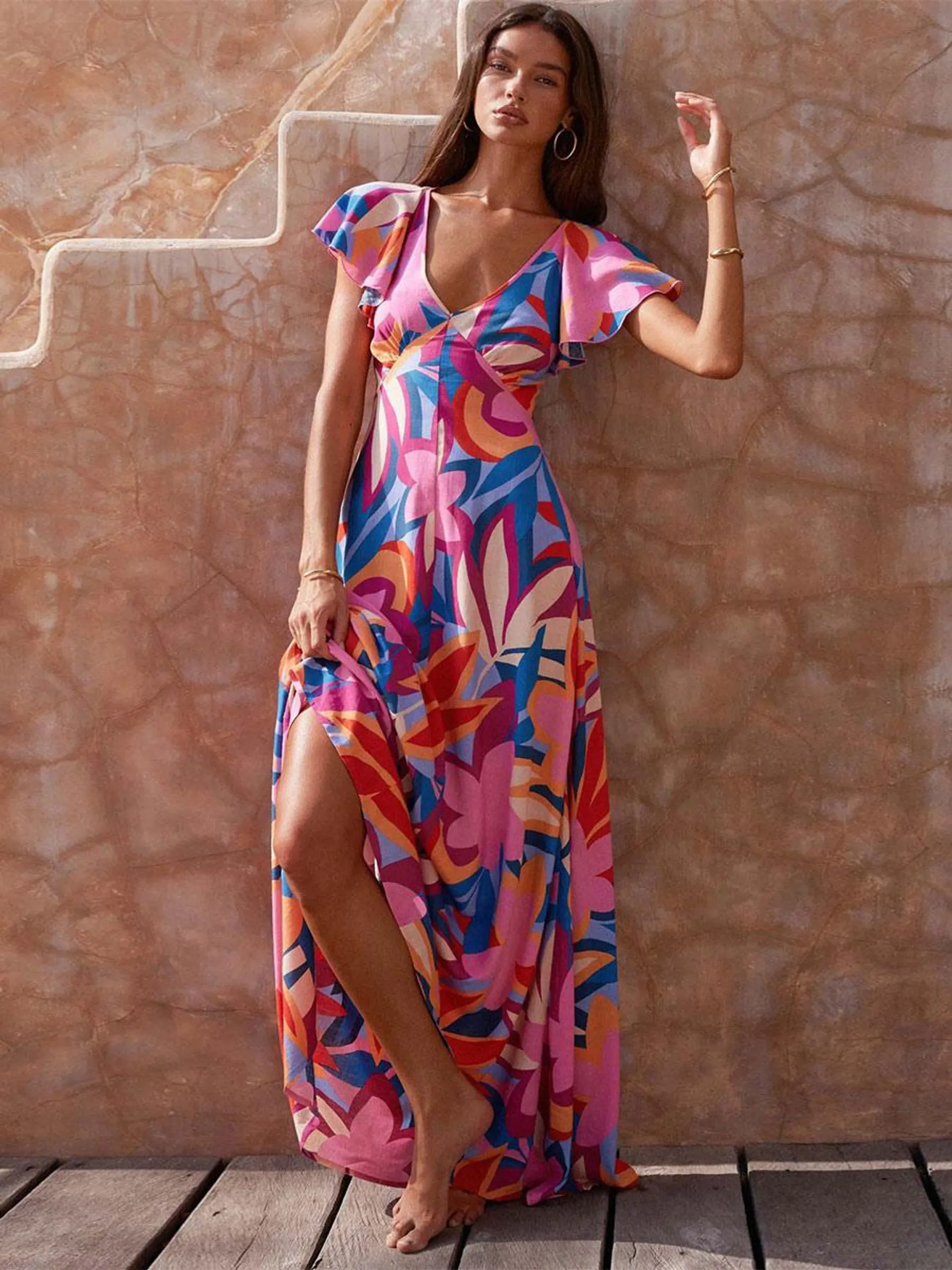 Boho Dress Ruffles V-Neck Short Sleeves Floral Print High-slit Summer Dress