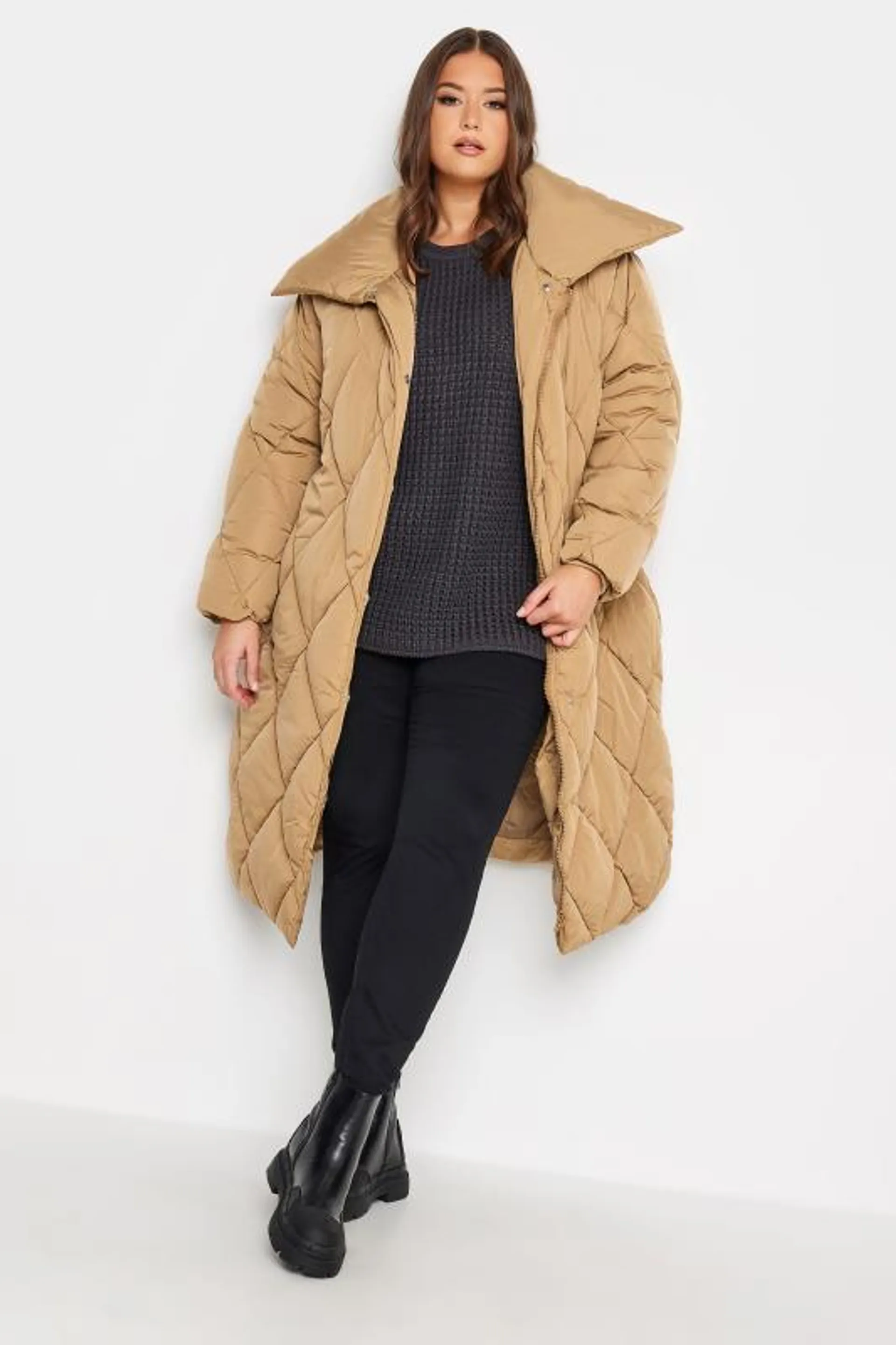 YOURS Curve Beige Brown Quilted Puffer Coat