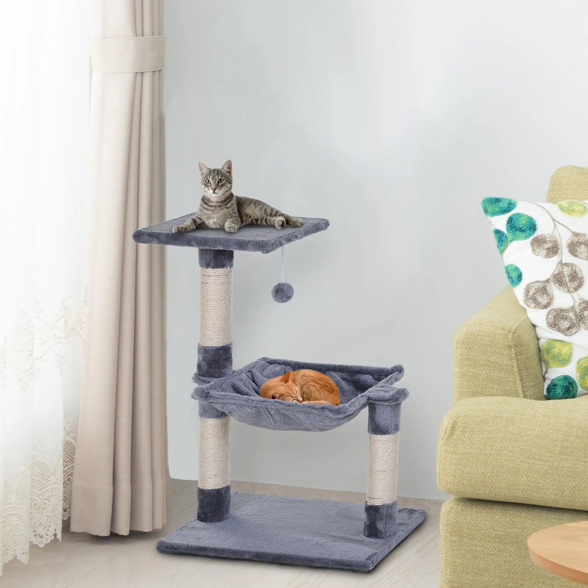 PawHut Cat Activity Tree Kitten Play Tower Palace Two-Tier Scratching Grey