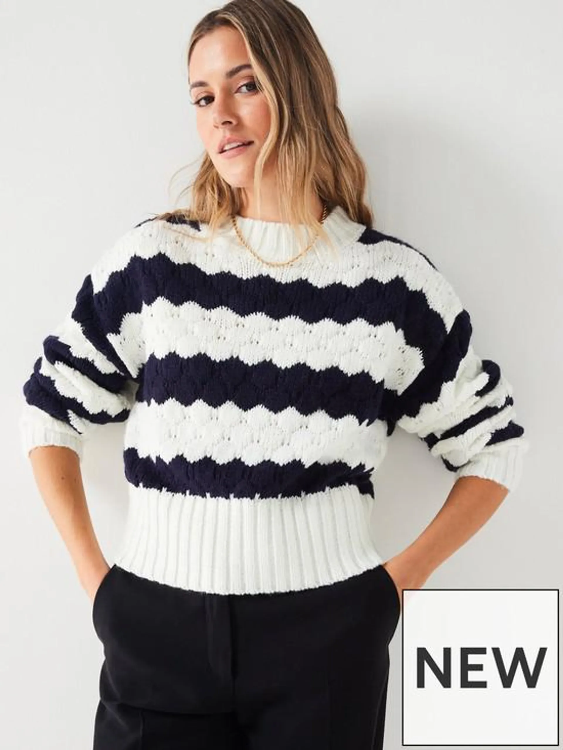 Crew Neck Stripe Cropped Knitted Jumper - Navy and Ivory