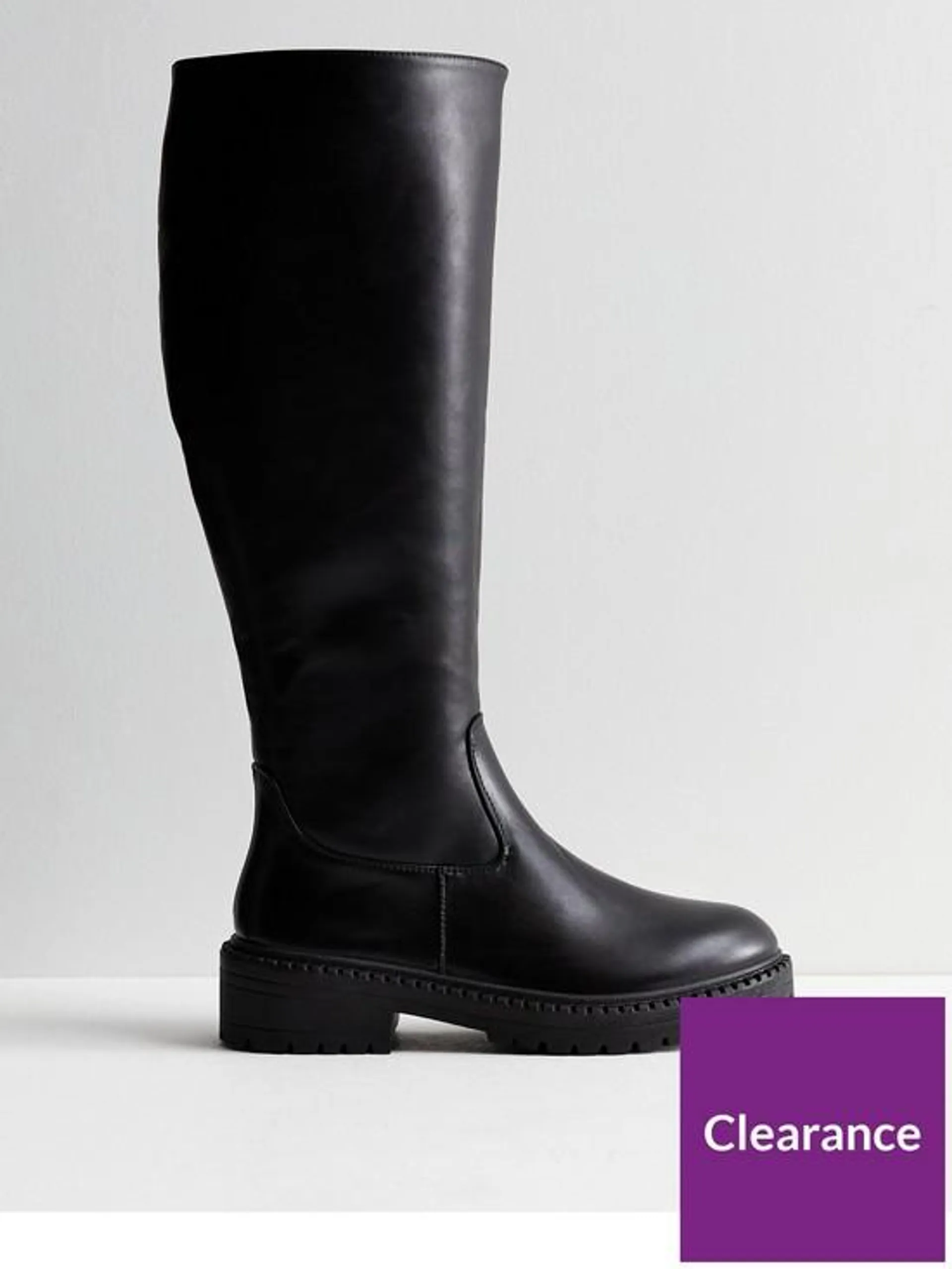 Extra Calf Fit Black Leather-Look Chunky Knee High Boots