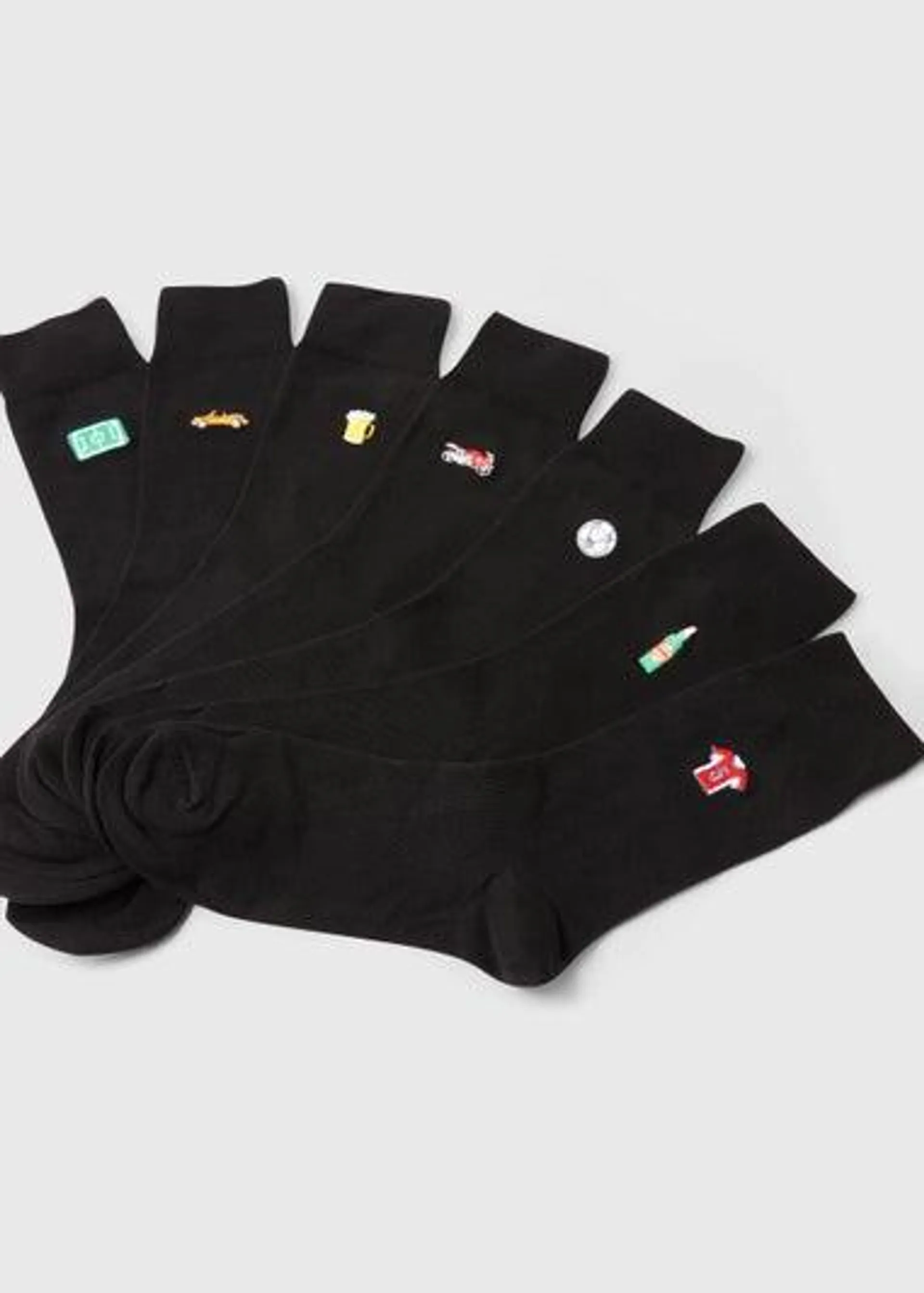 7 Pack Black Sports & Car Embroidery Socks - Sizes 6 - 8.5