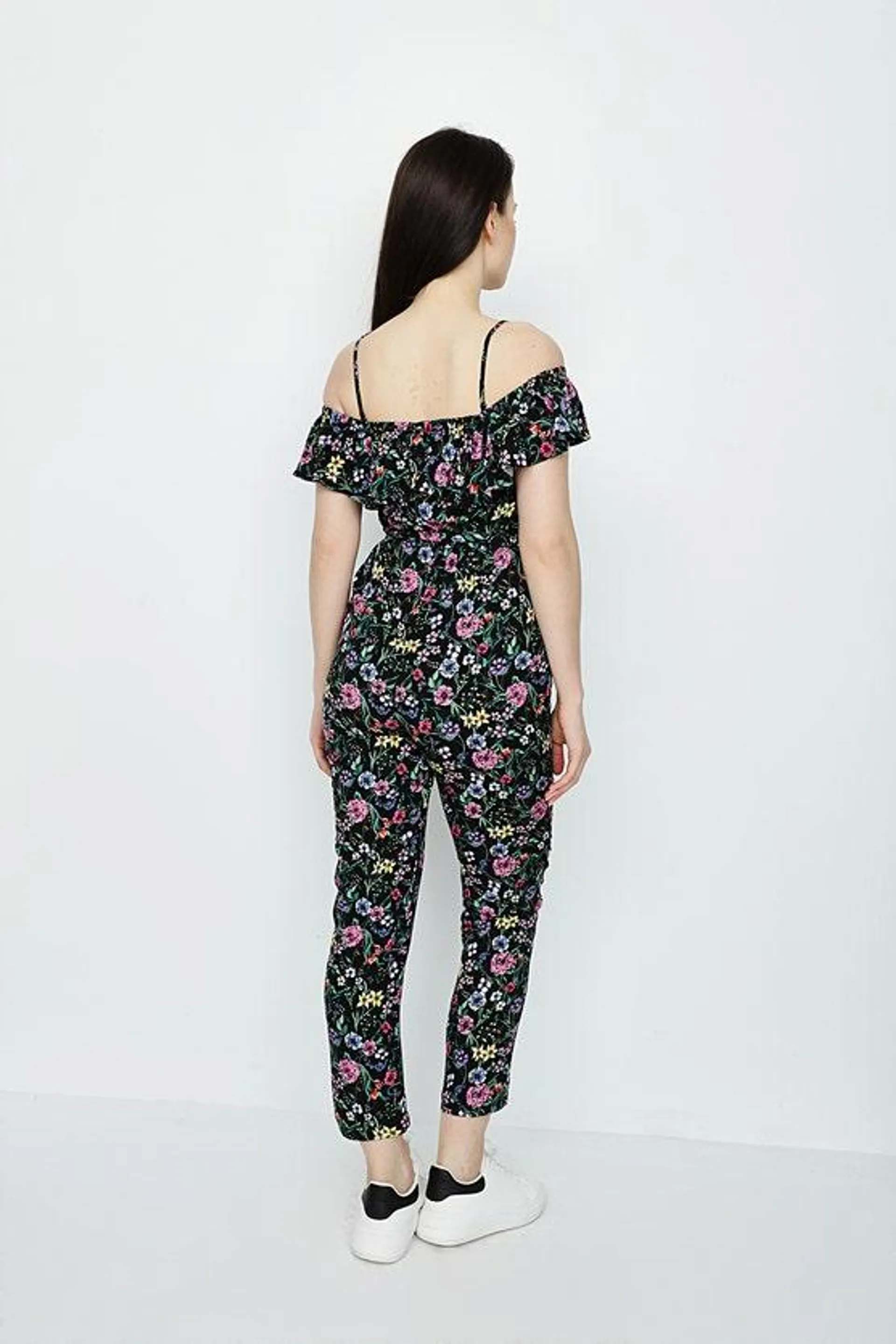 MULTI FLORAL BARDOT BELTED JUMPSUIT