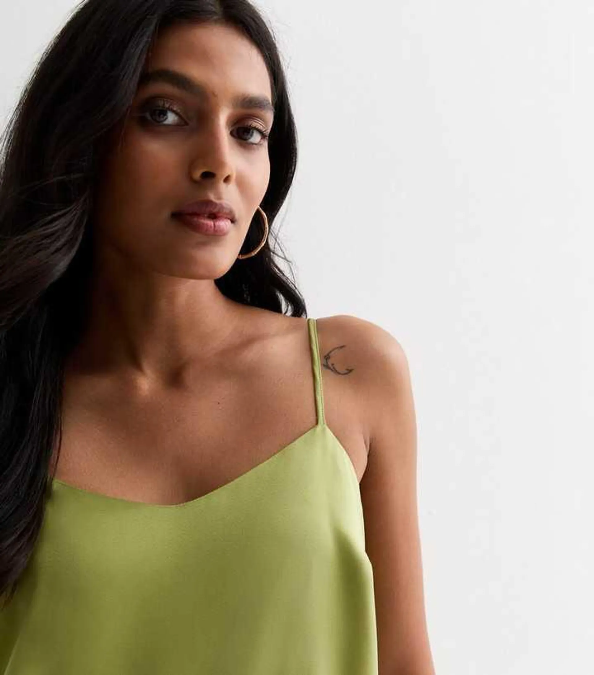 Green Satin Split Hem Midi Slip Dress