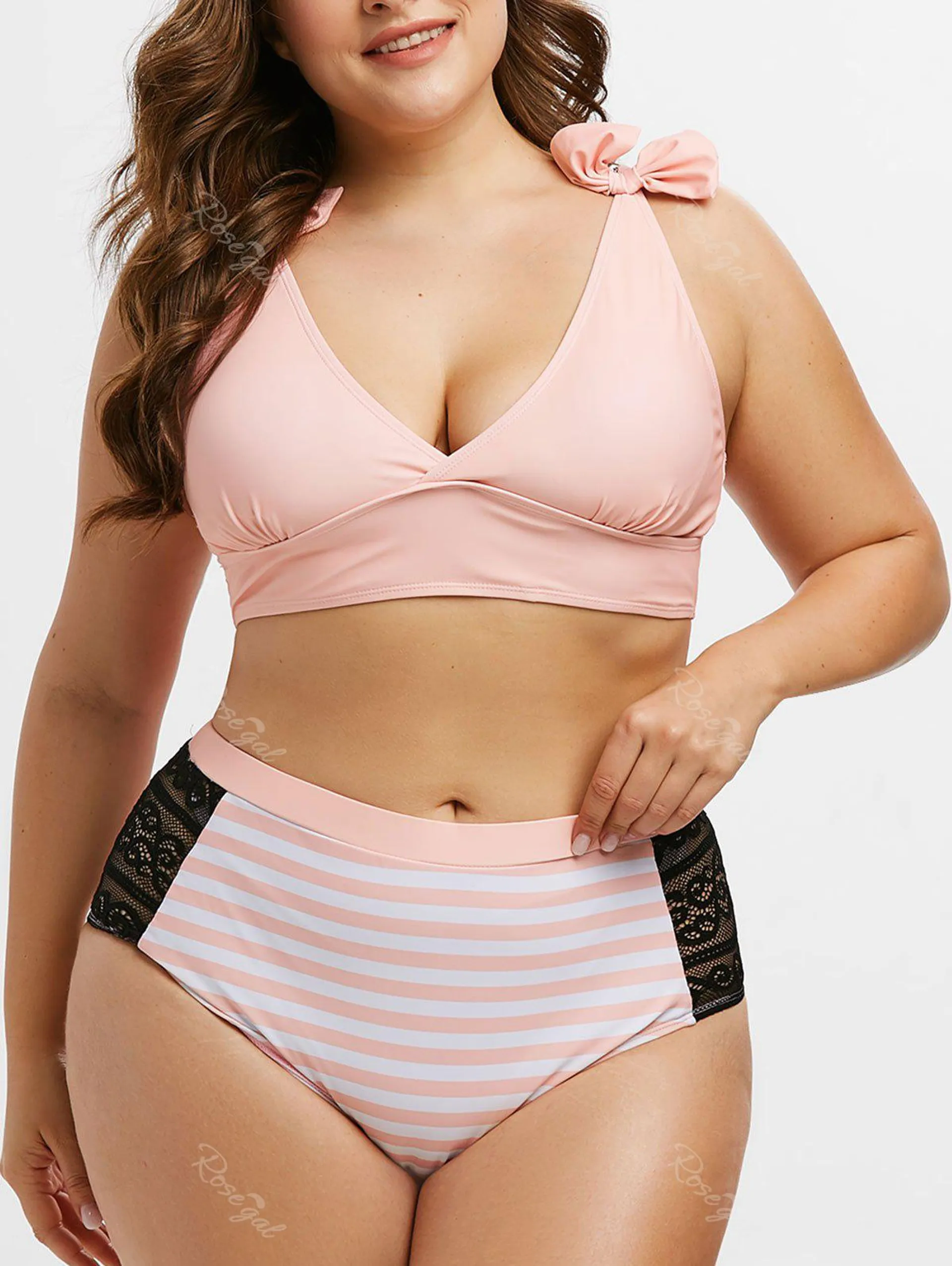 Plus Size Bowknot Lace Panel Striped Bikini Swimsuit - 4x