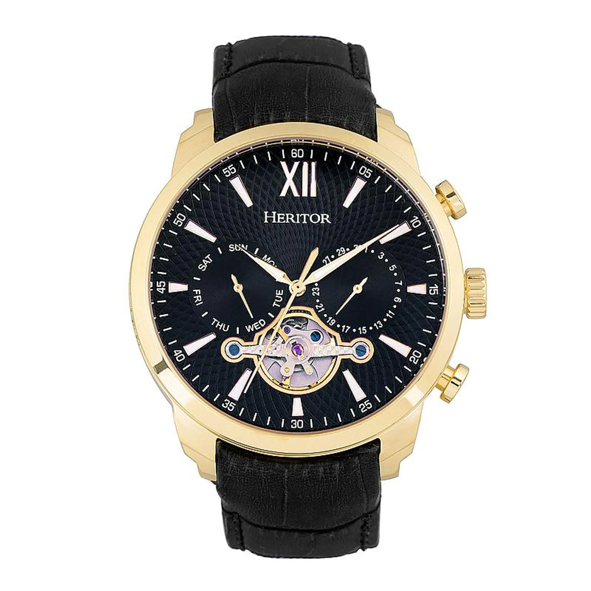 Heritor Automatic Arthur Semi-Skeleton Leather-Band Watch With Day and Date - Gold/Black