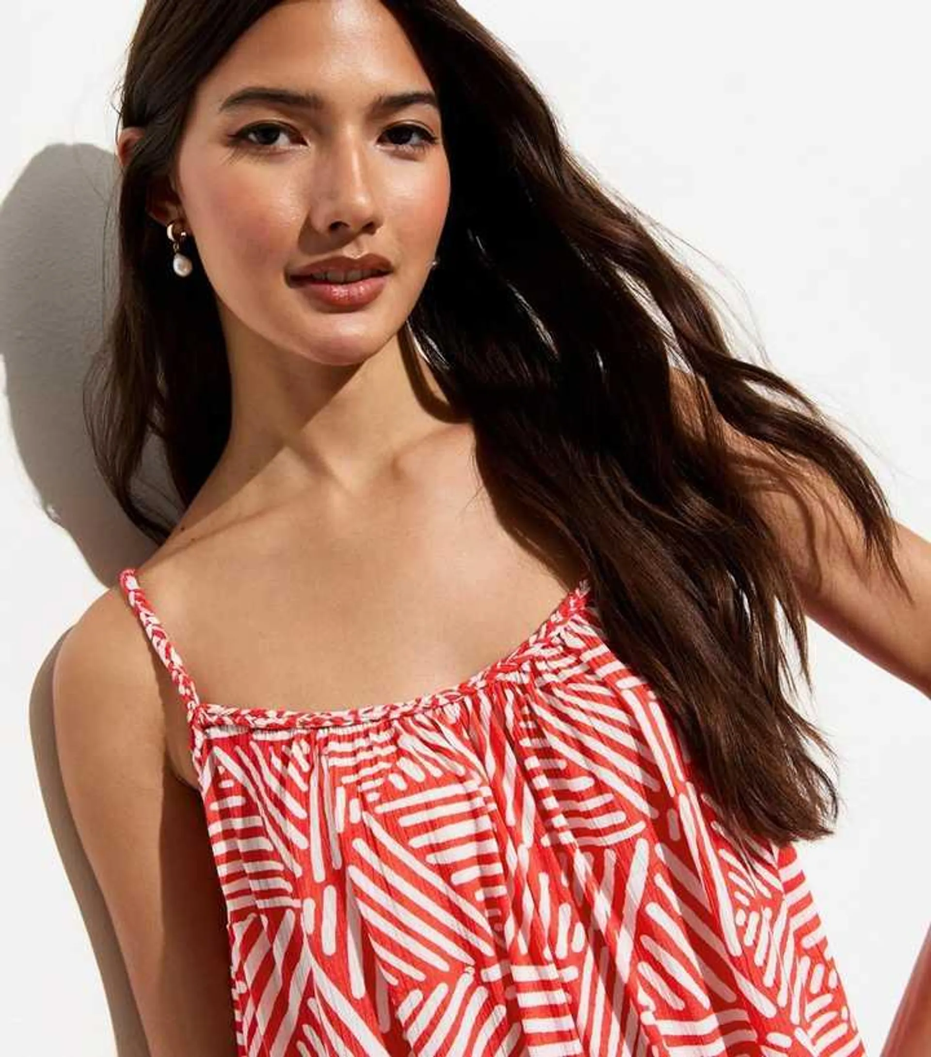 Red Braid-Strap Abstract Print Mini Sundress