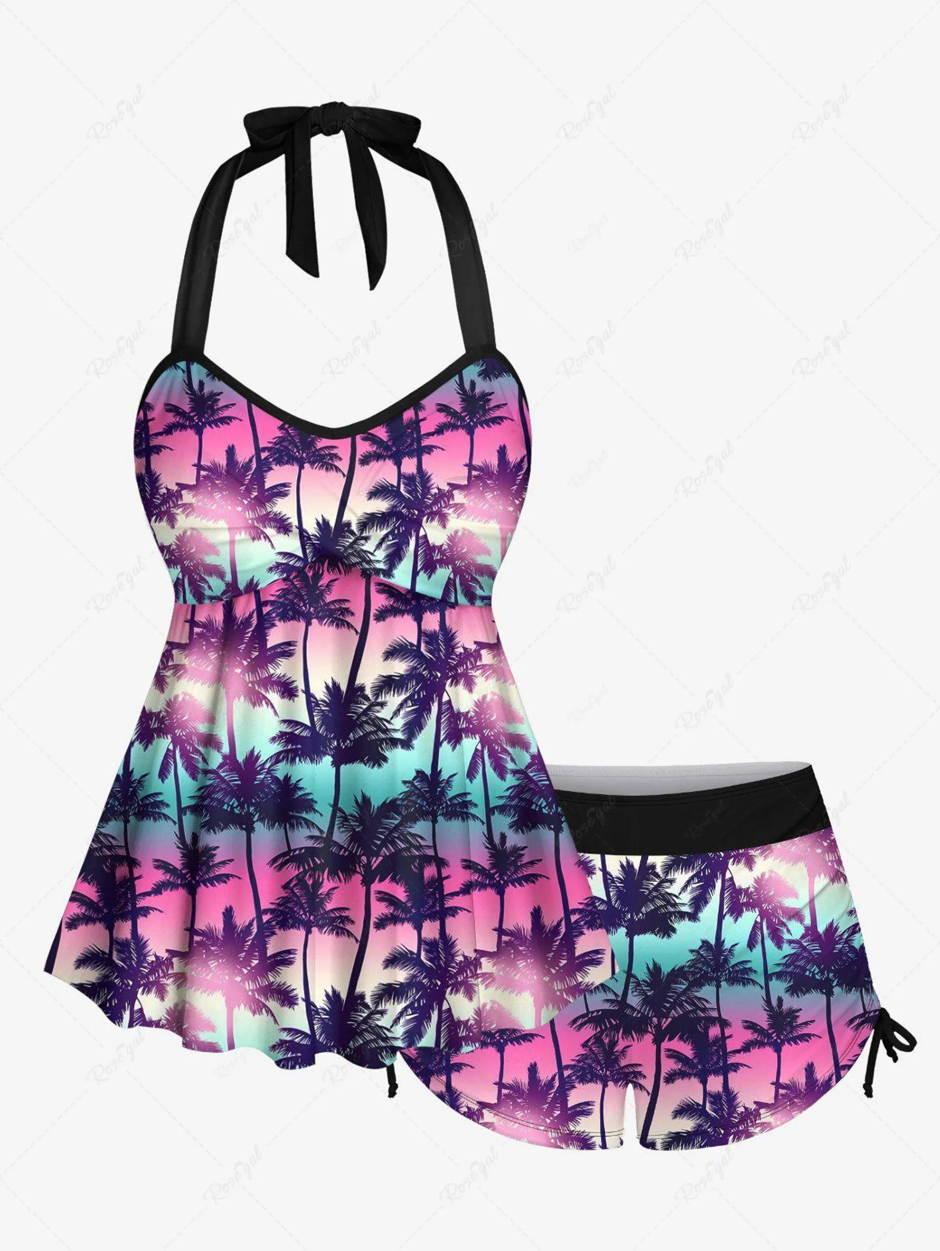 Hawaii Halter Coconut Tree Ombre Print Cinched Boyleg Tankini Swimsuit - 2x