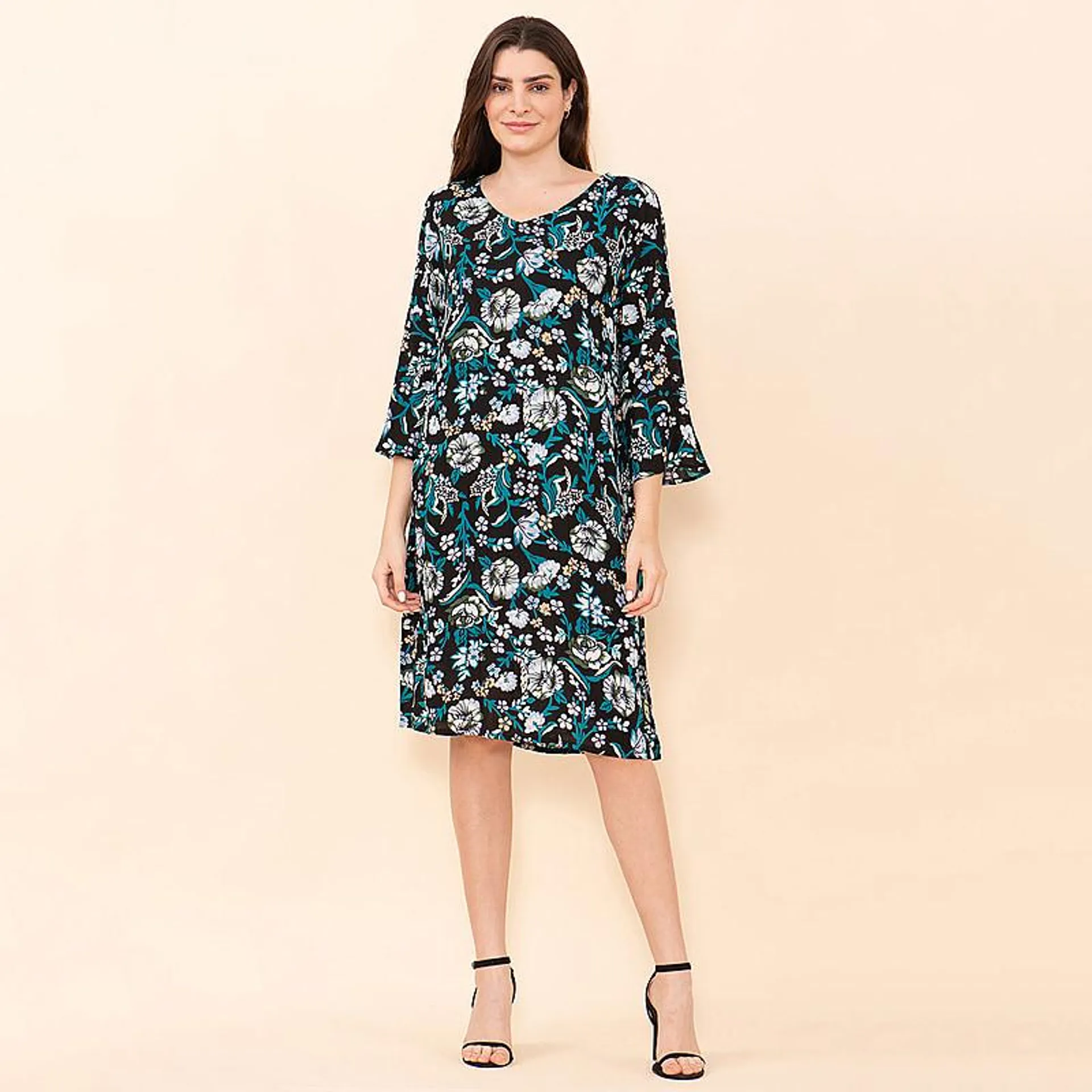 TAMSY Floral Pattern Women's Midi Dress - Black, Teal and Multi