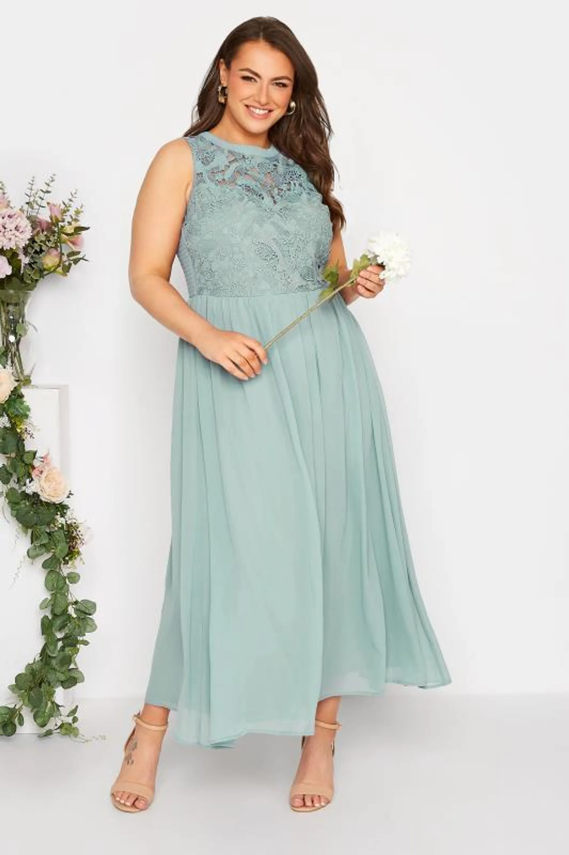 YOURS LONDON Curve Ice Blue Lace Front Chiffon Maxi Dress