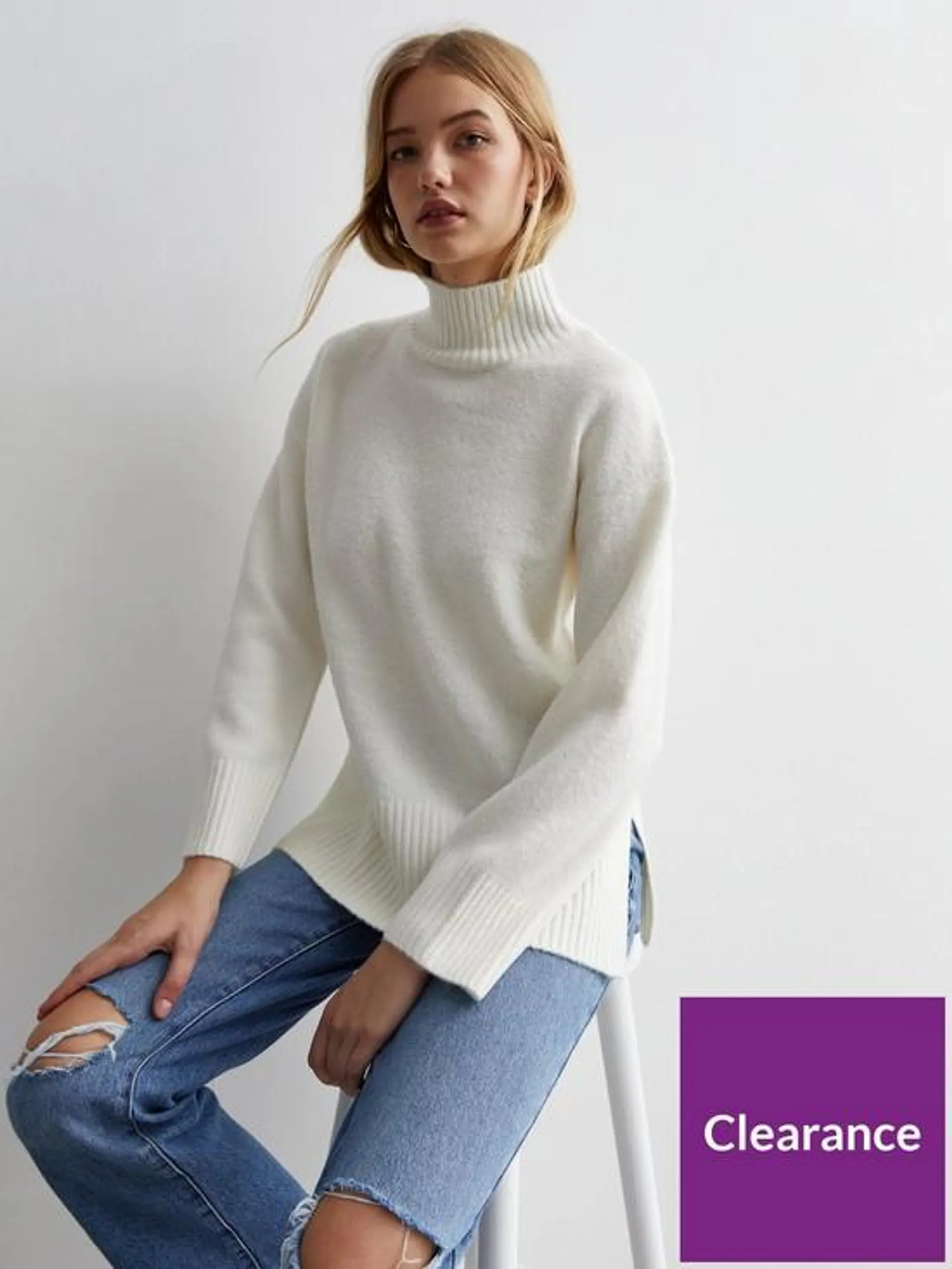 Cream Knit High Neck Longline Jumper