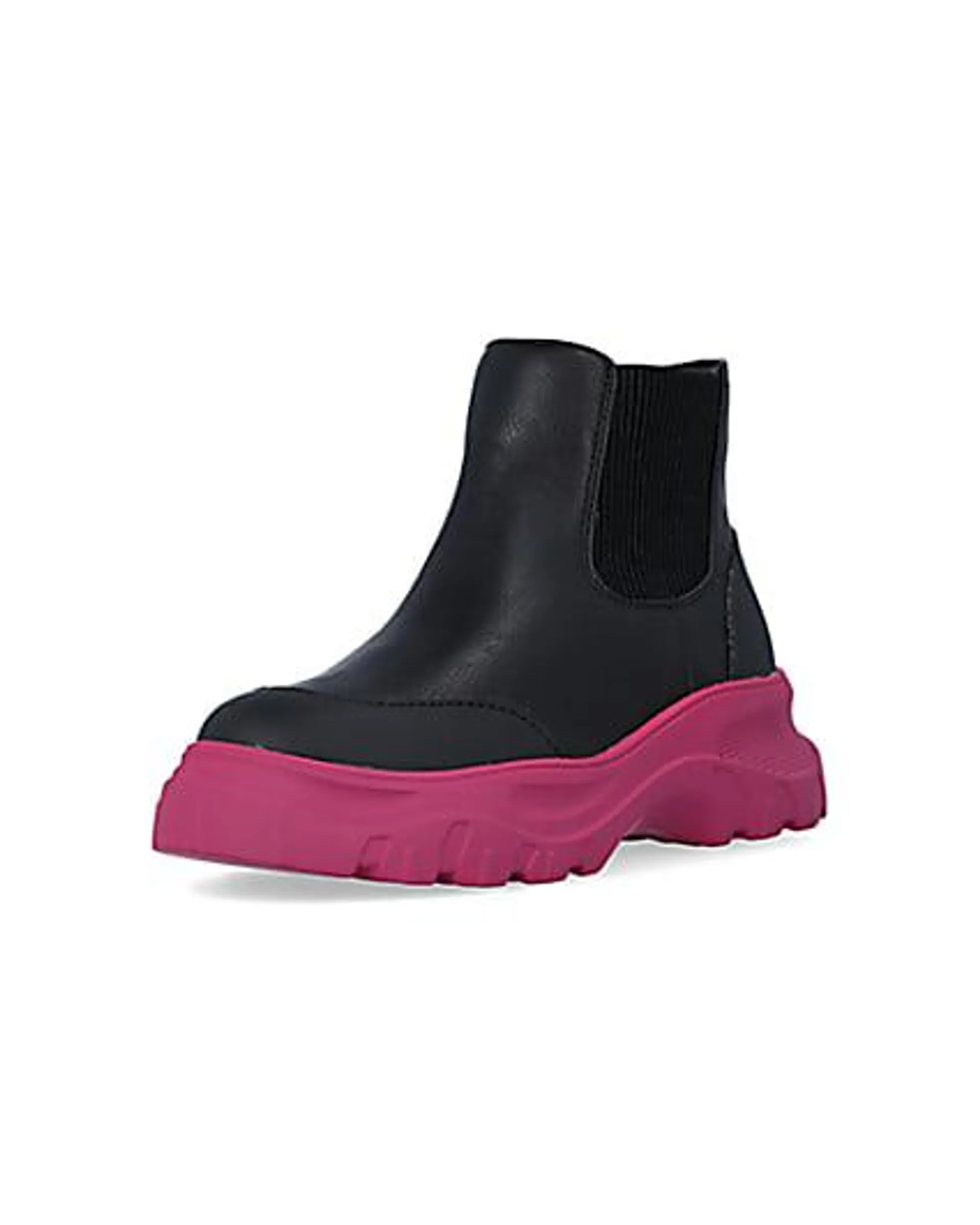 Girls Black Chunky Pink Sole Ankle Boots
