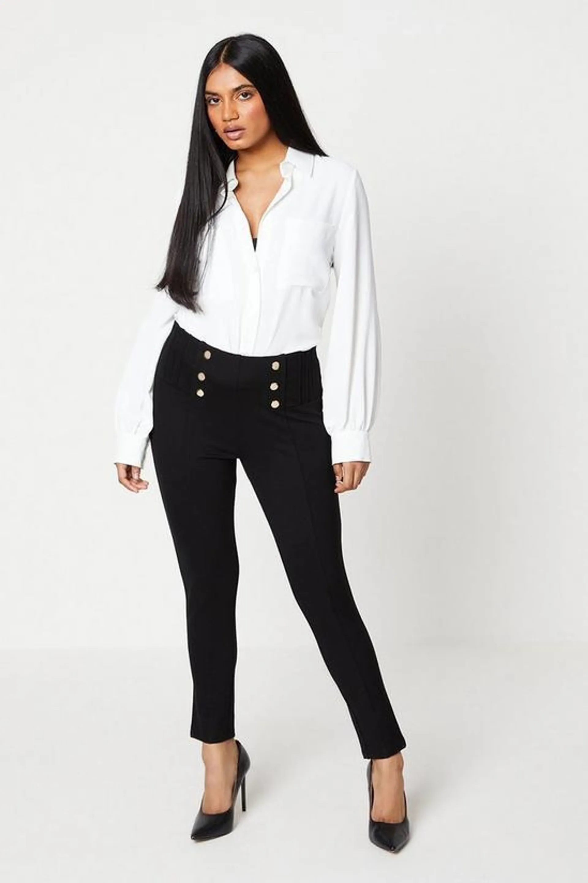 Petite Button Front Pleat Skinny Trouser