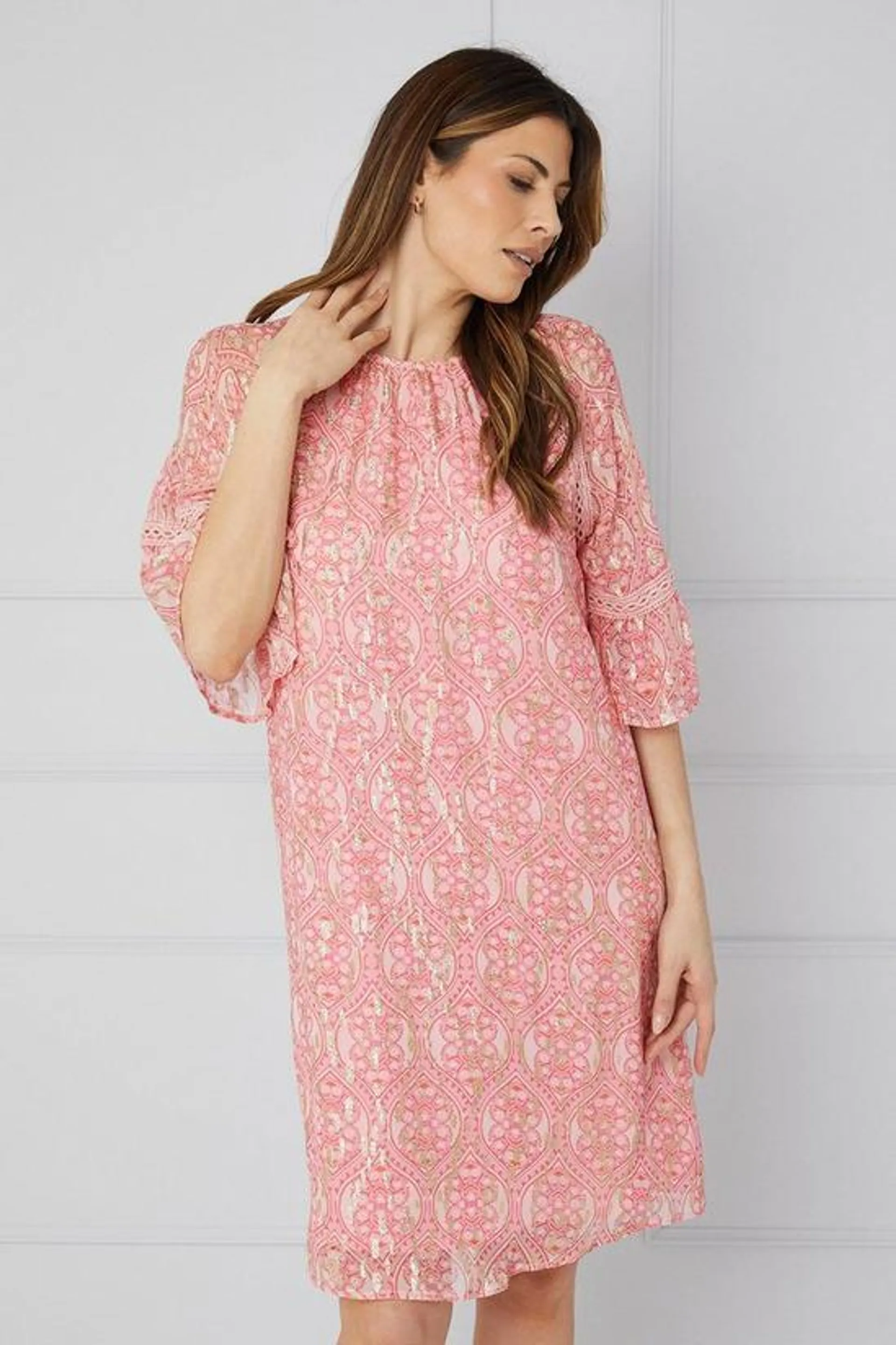 Floral Metallic Lace Trim Shift Dress