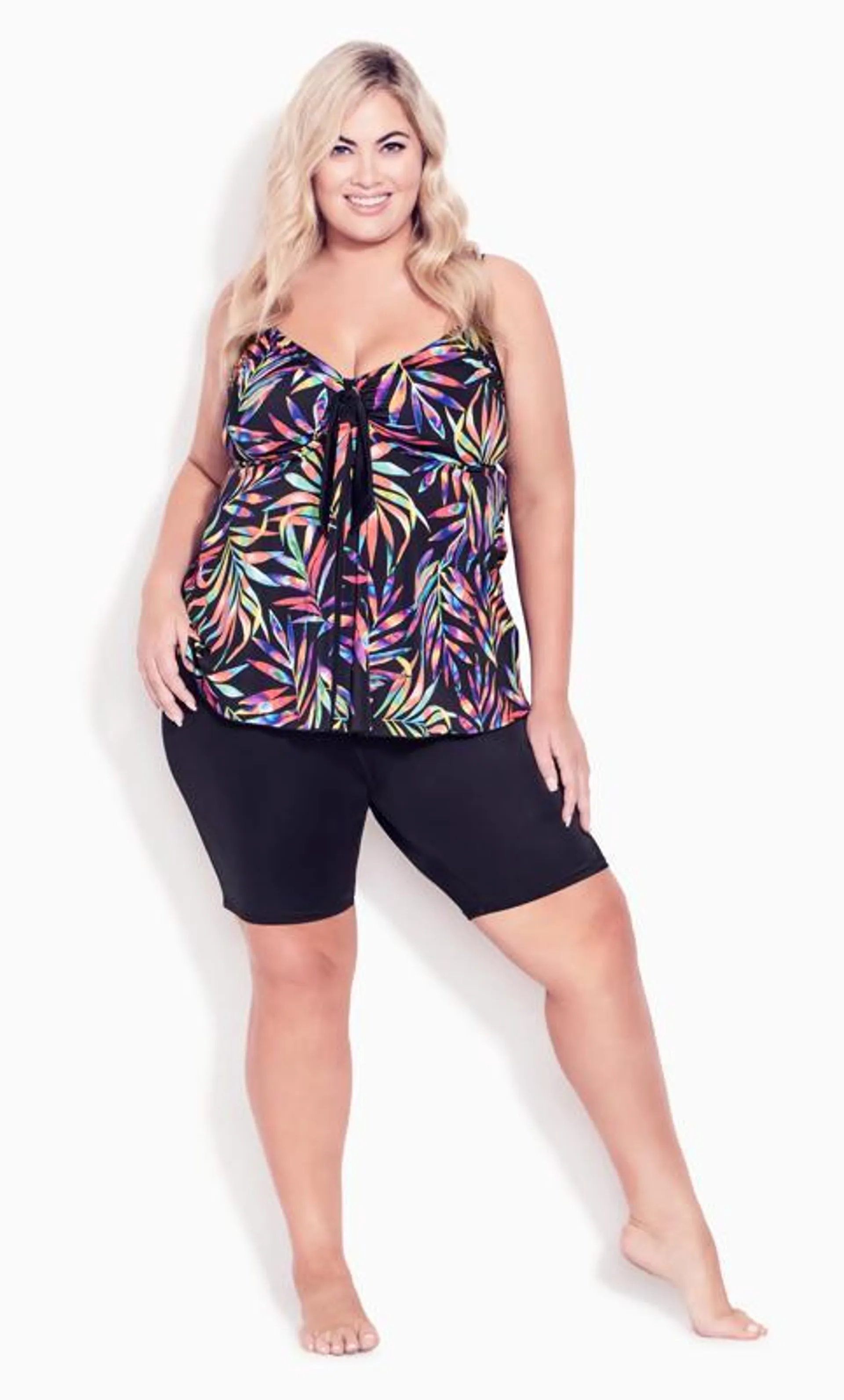 Evans Black Tropical Palm Print Tankini Top