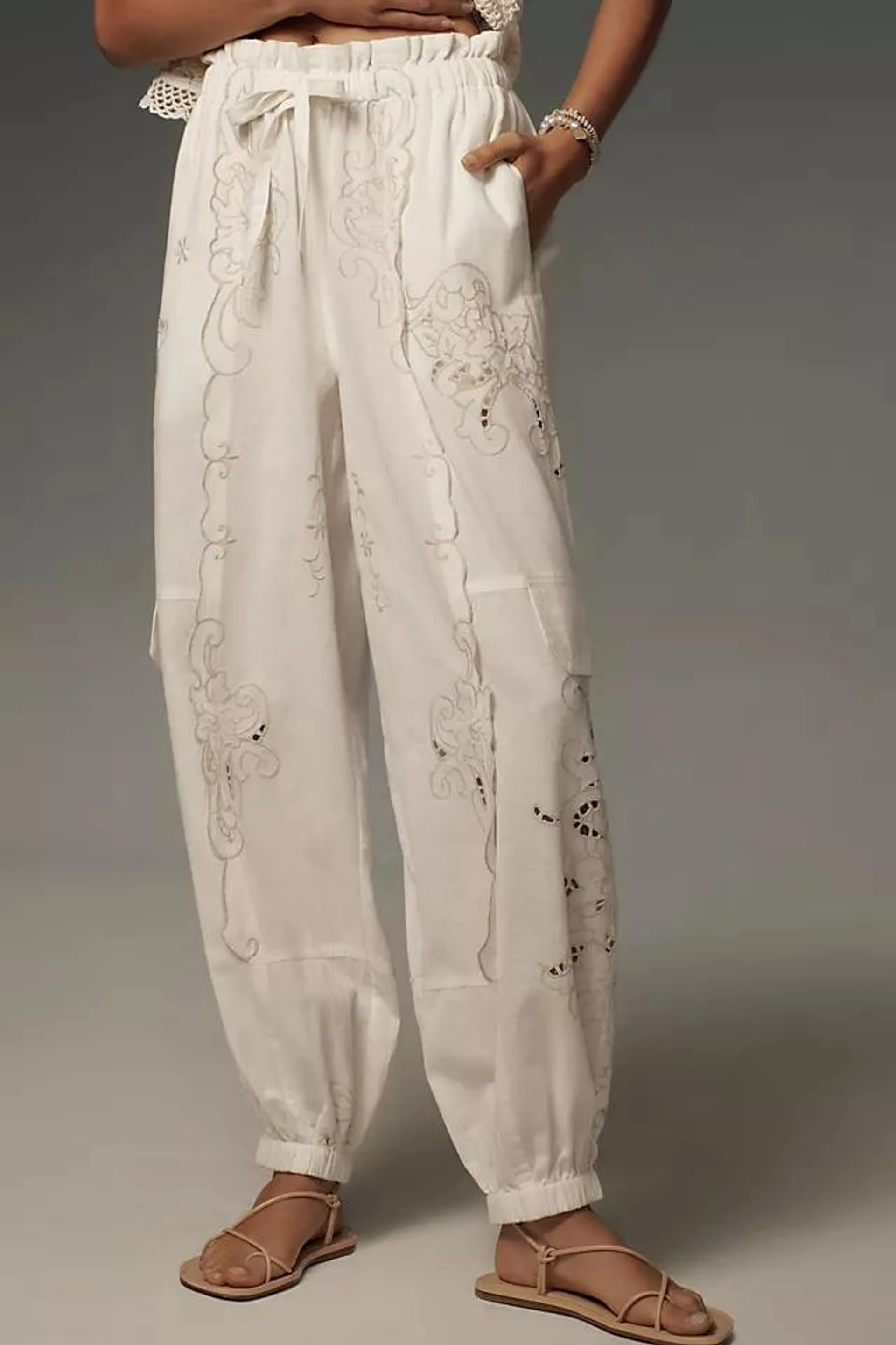 By Anthropologie Embroidered Linen-Blend Pull-On Joggers