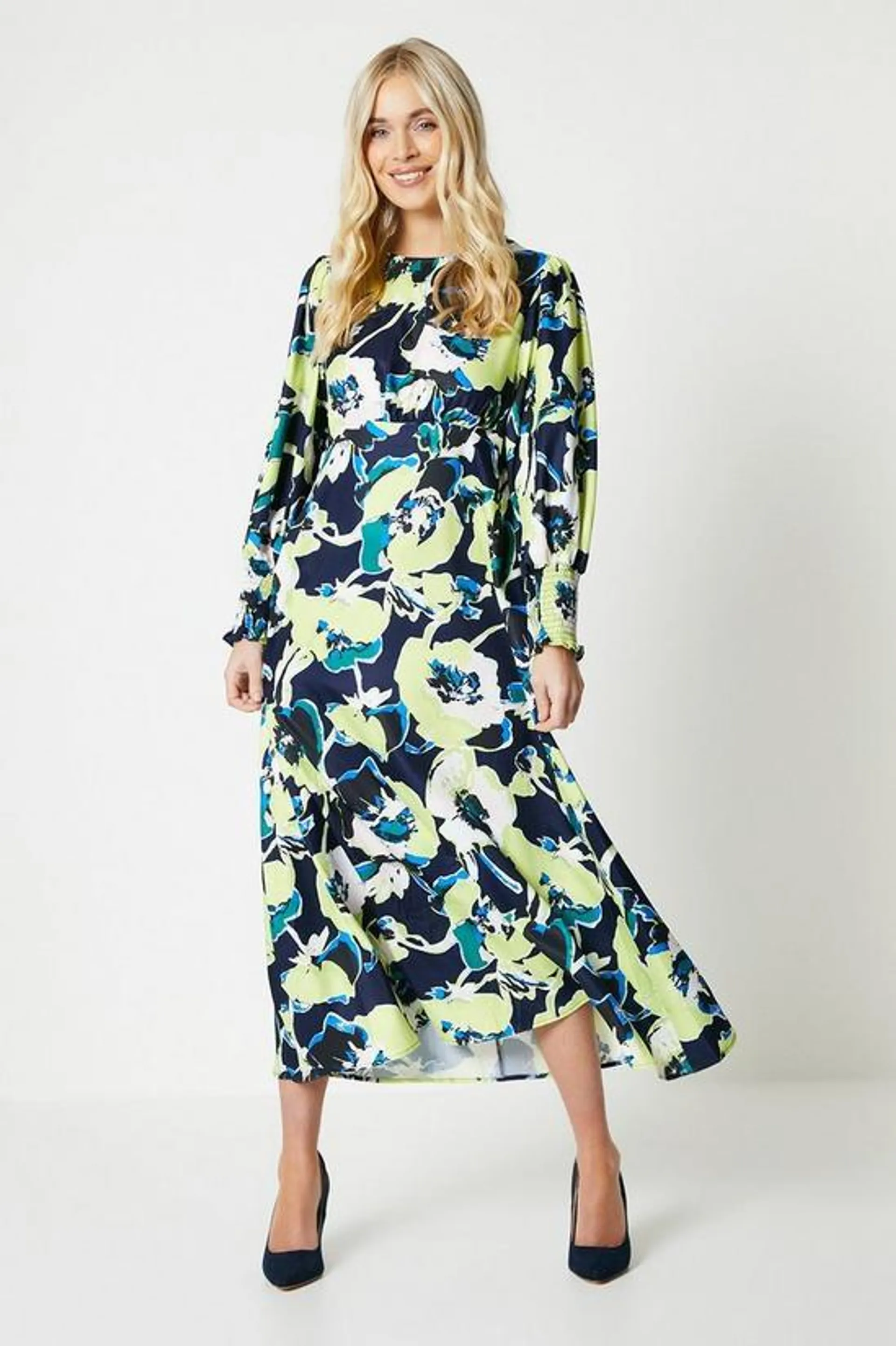 Petite Yellow Floral Shirred Cuff Midi Dress