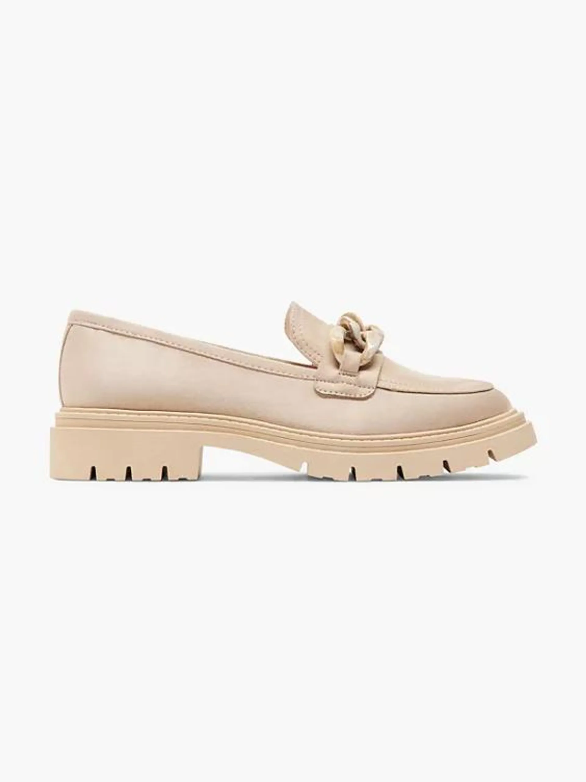 Taupe Faux Suede Chunky Loafer with Tortoise Shell Chain Detail