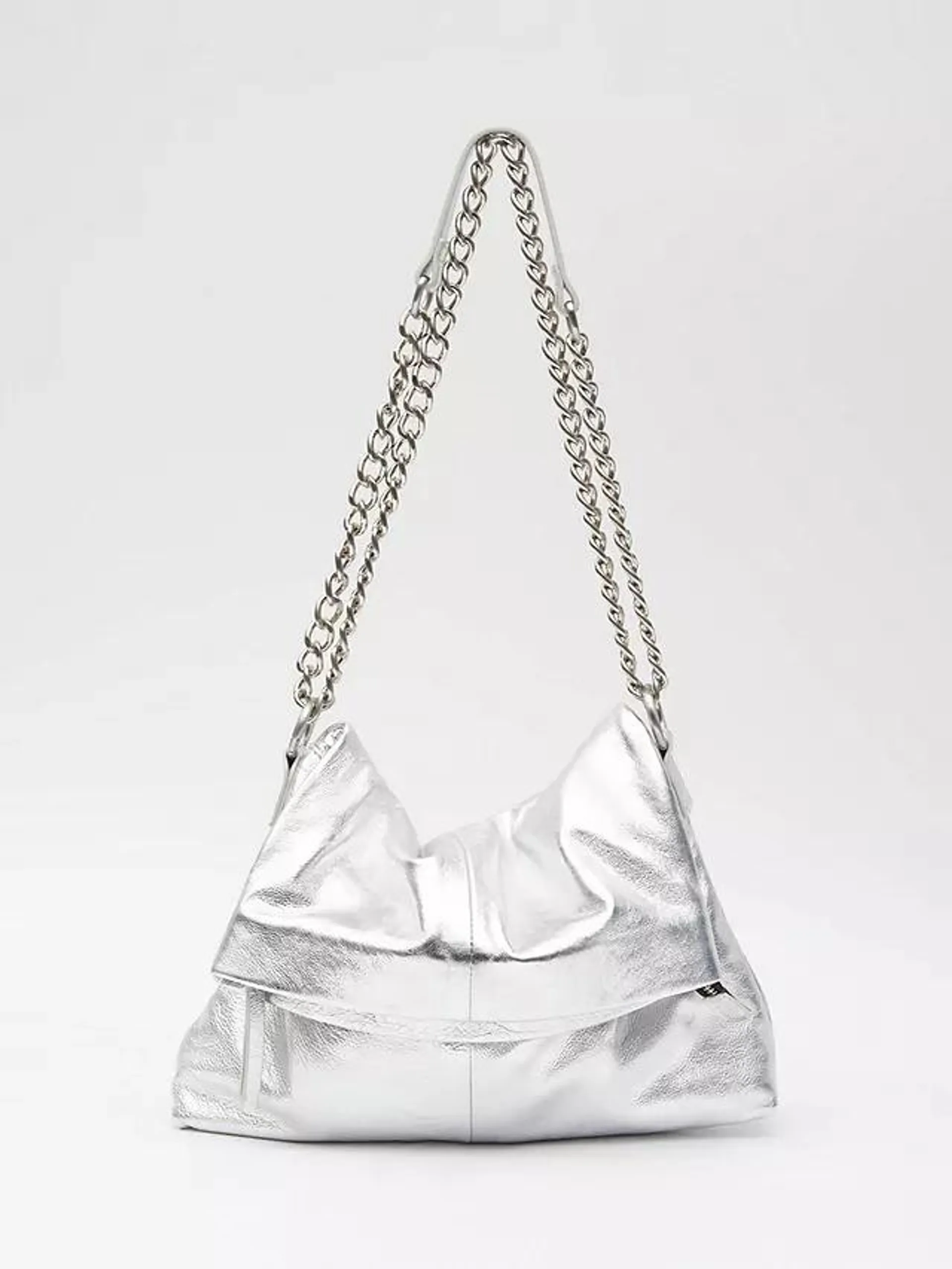 Perrie Chain Leather Crossbody Bag, Silver