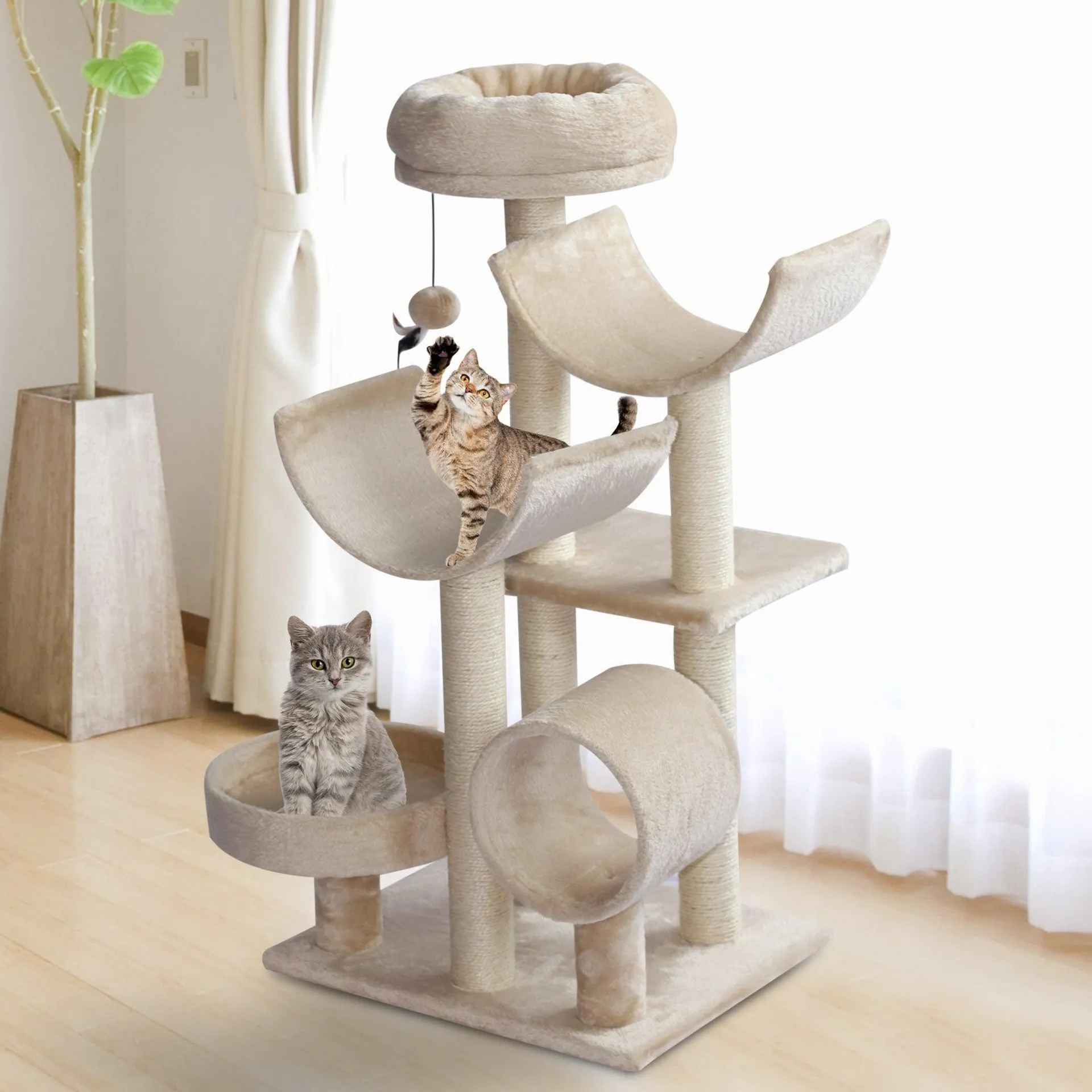 PawHut Cat Tree for Indoor Cats with Scratching Post Perch Tunnel Beige