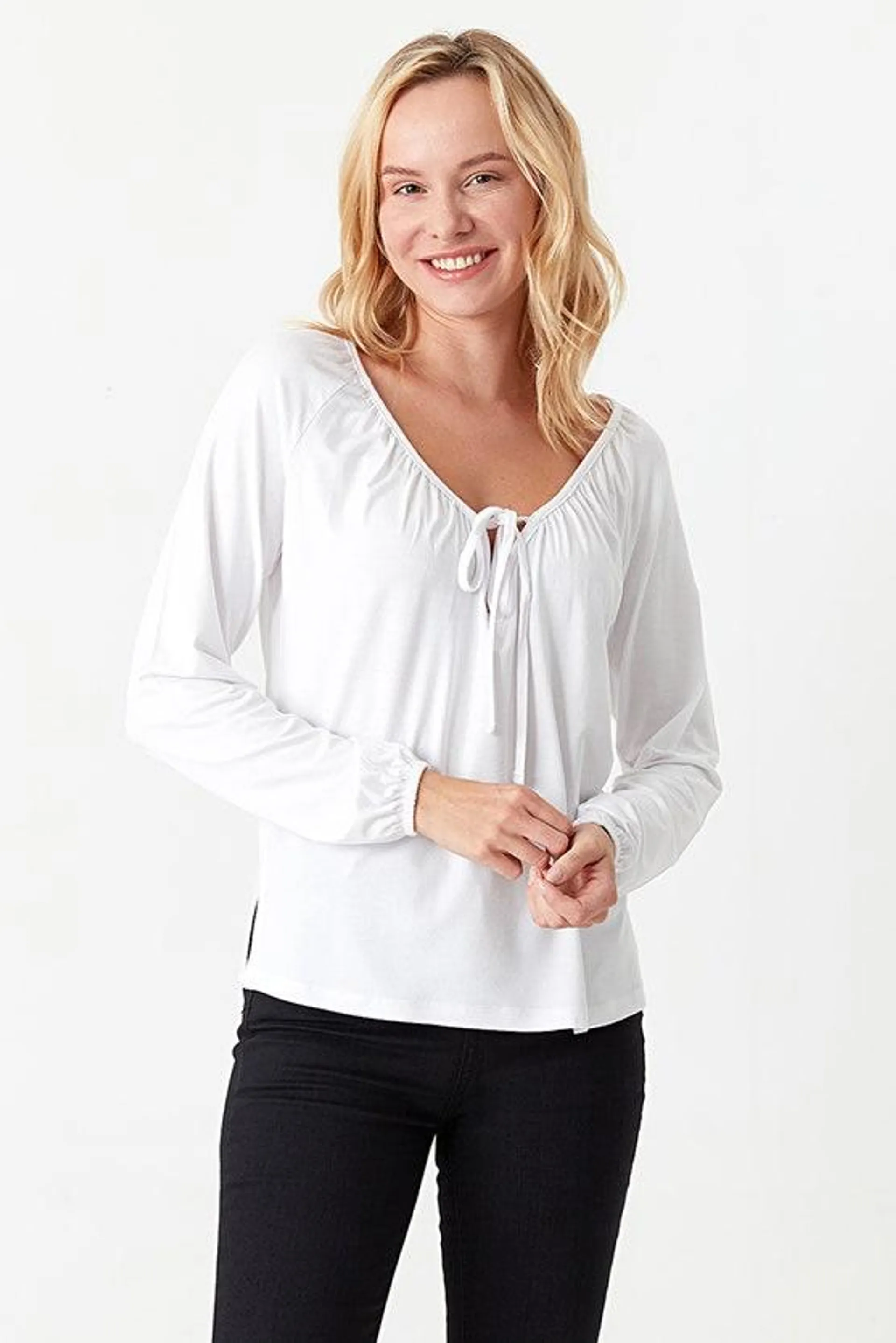 White Tie Smock Long Sleeve Top