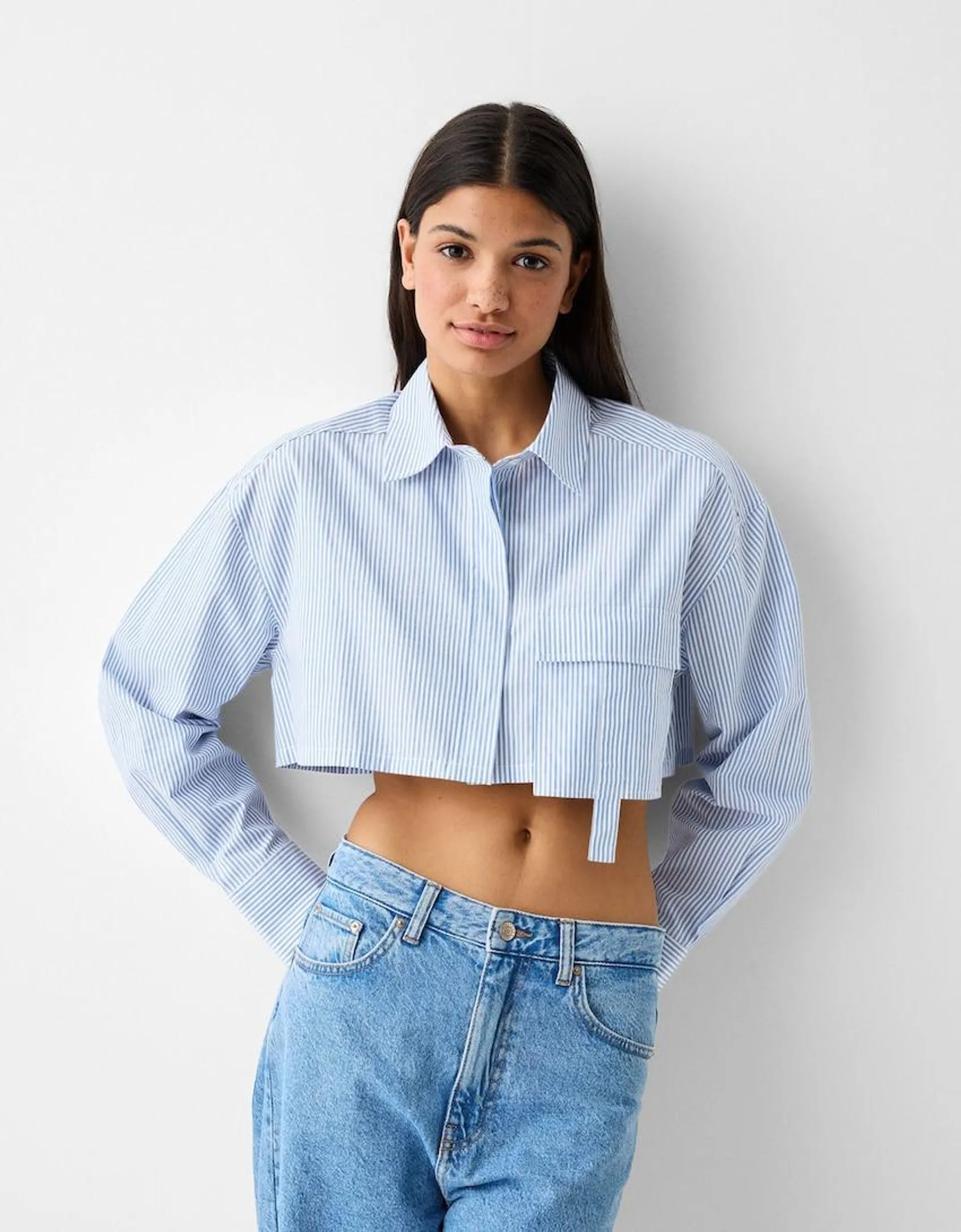 Long sleeve cropped poplin shirt with straps